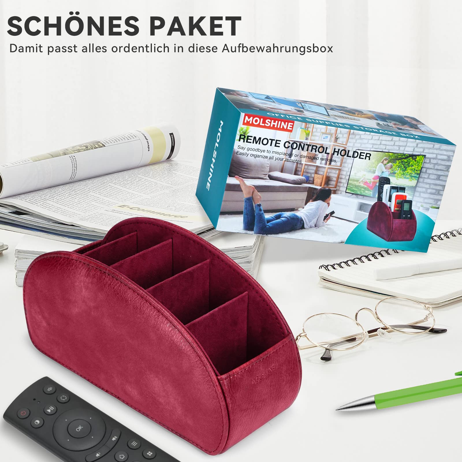 MOLSHINE Uchwyt na pilota z 5 przegródkami, Pu Leather Organizacja biurowa Pudełko do przechowywania Caddy Box na pilota do telewizora,kontrolery ogrzewania,materiały biurowe (Ciemno Czerwony)