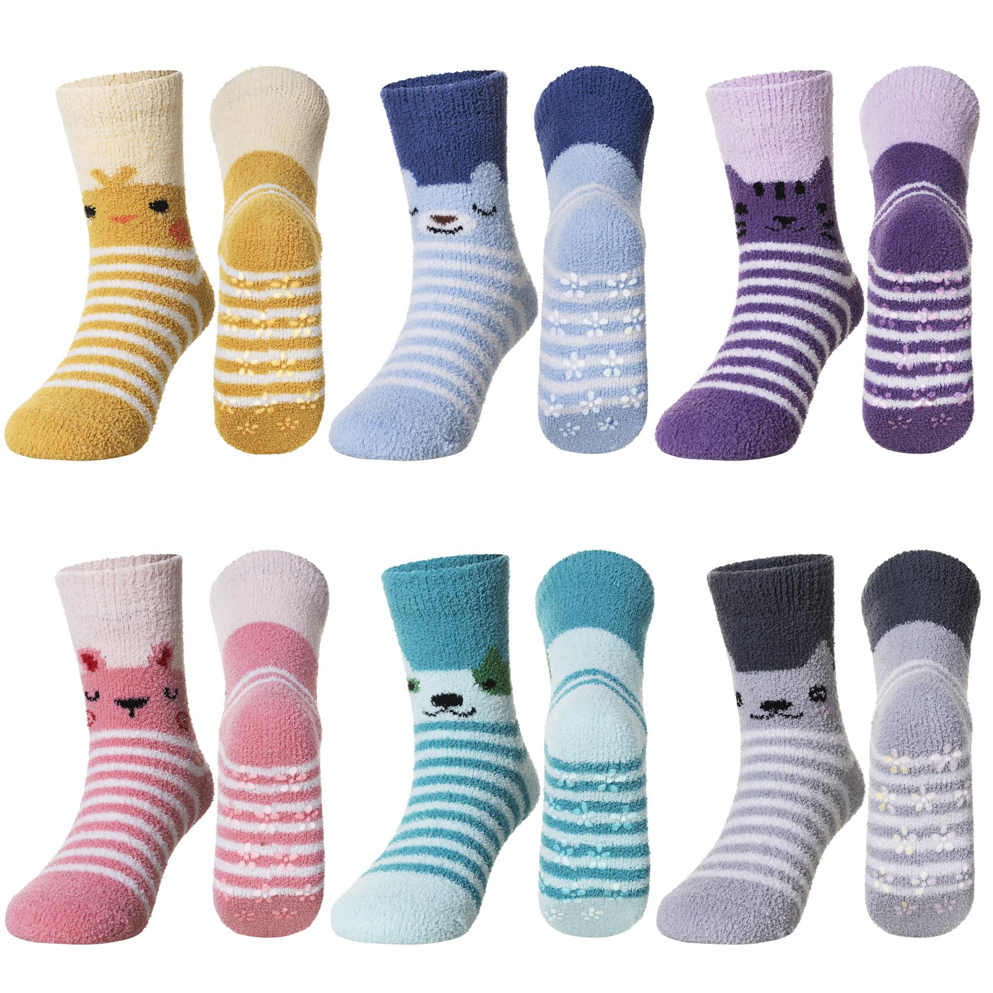 SeeyAN Kids Fuzzy Slipper Grip Socks Boys Girls Non Slip Winter Thick Fluffy Warm Soft Plush Thermal Crew Socks 6 Pairs