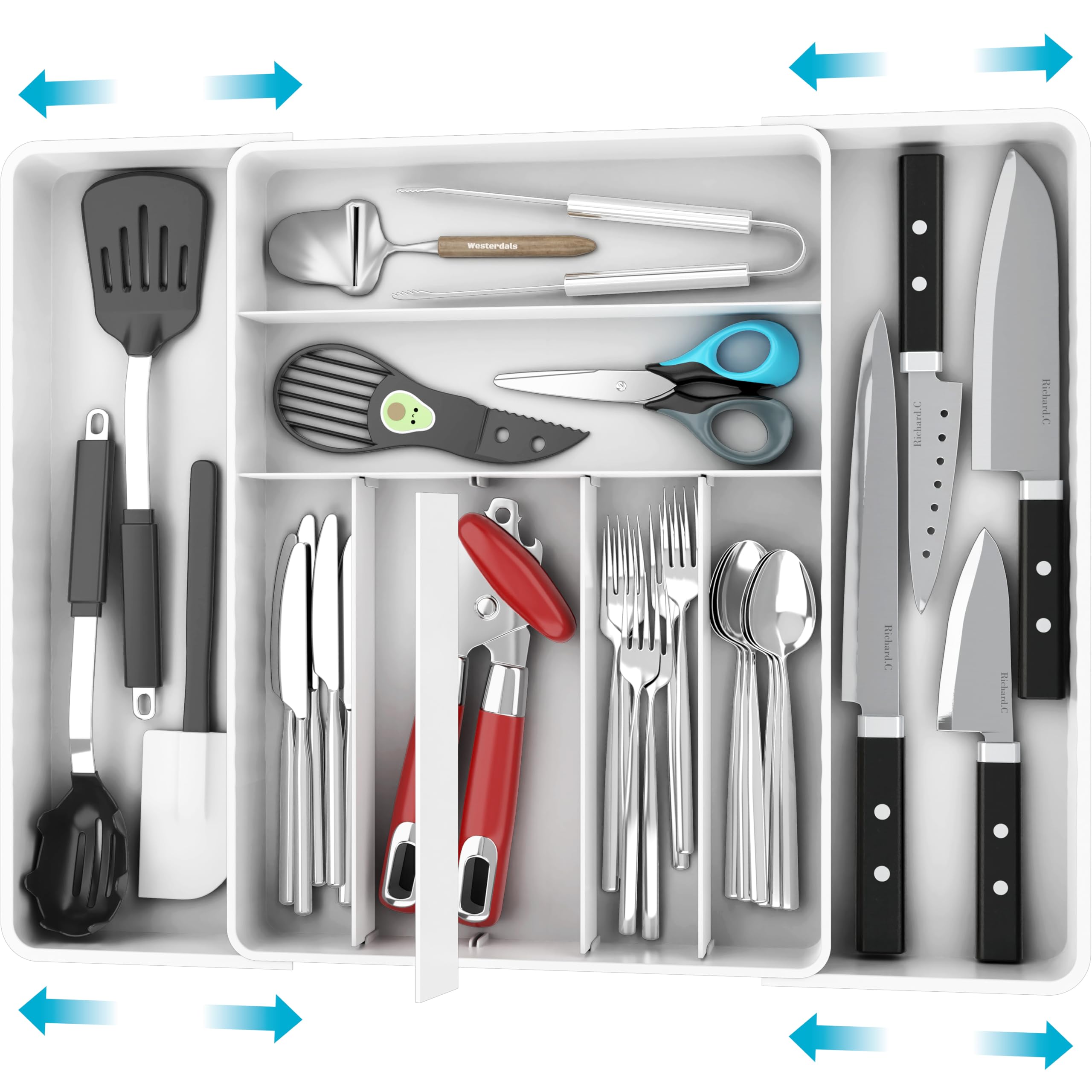Simple Houseware Expandable & Adjustable Cutlery Drawer Organizer - Large Utensil and Flatware Tray for Kitchen Drawers, White