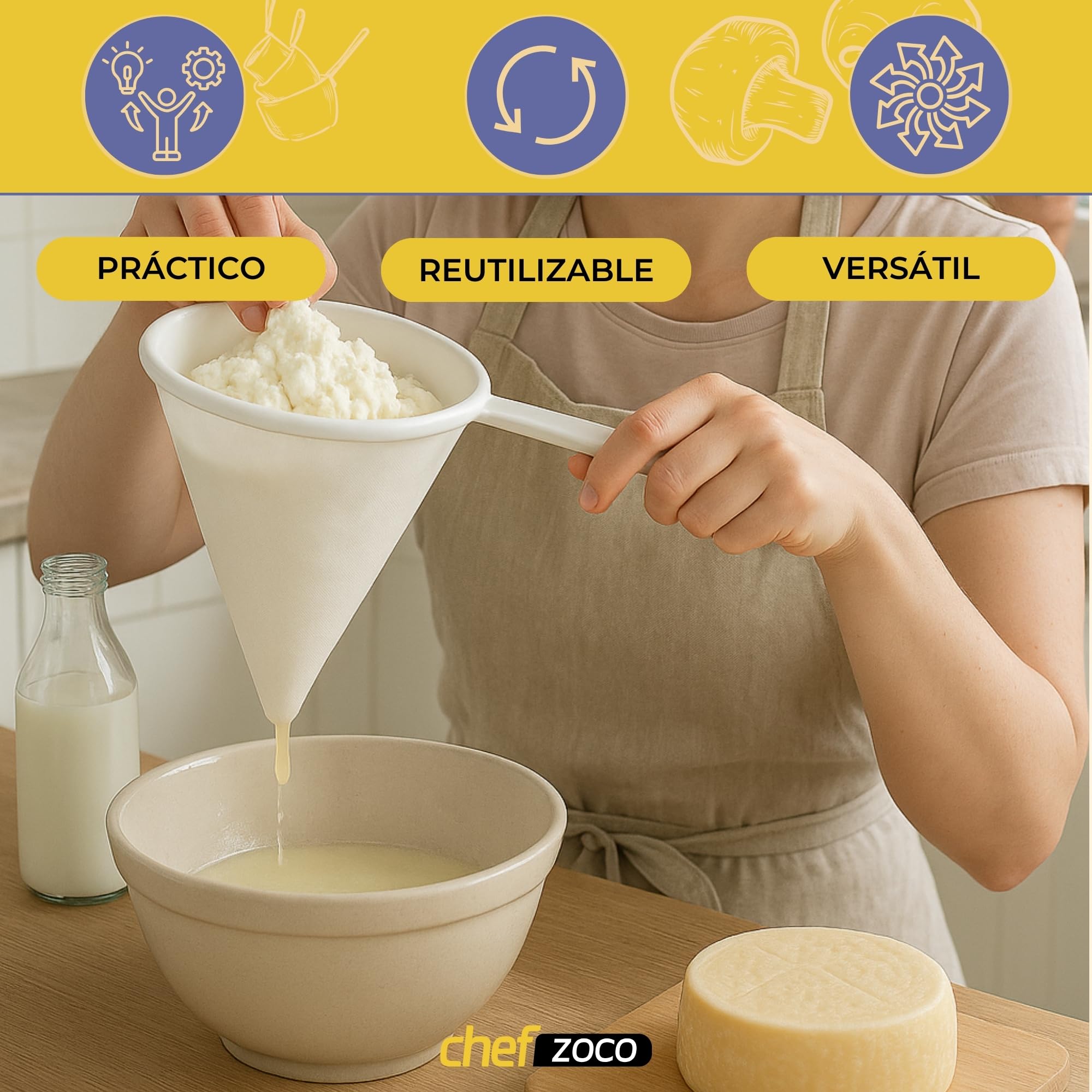 Colador de Cocina Multiuso de Tela, Colador kefir, Utensilio para colar cafe, Filtro Eficiente para Aceite y Jugos, Mango de plástico, Con 2 ganchos de sujeción, Diámetro del colador 10 cm - imagen 2
