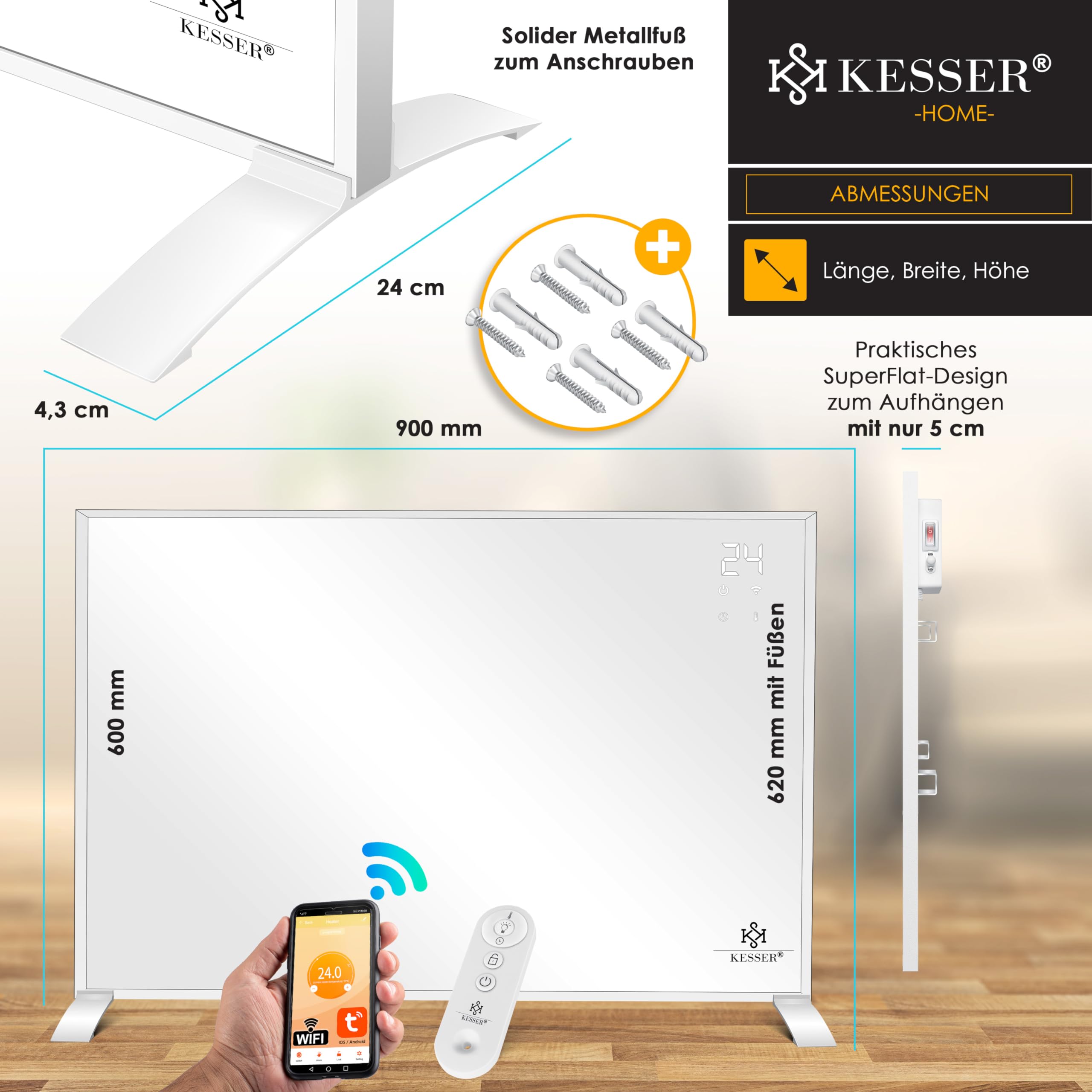 KESSER Infrarotheizung 540W Standgerät Wandmontage Elektroheizung mit Fernbedienung Thermostat App-Steuerung