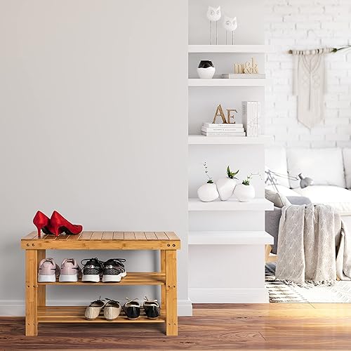 Miniatura 2 de Zapatero de bambú de 3 niveles, organizador de zapatos de primera calidad o banco de entrada, perfecto para cubículo de zapatos, banco de entrada,