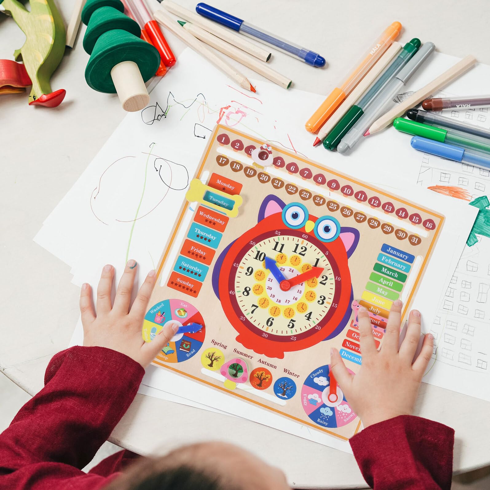 Reloj de Madera Educativo Búho para Juguete Cognitivo Multifunción para Aprender Hora Estaciones y Clima Material Natural Seguro y Duradero
