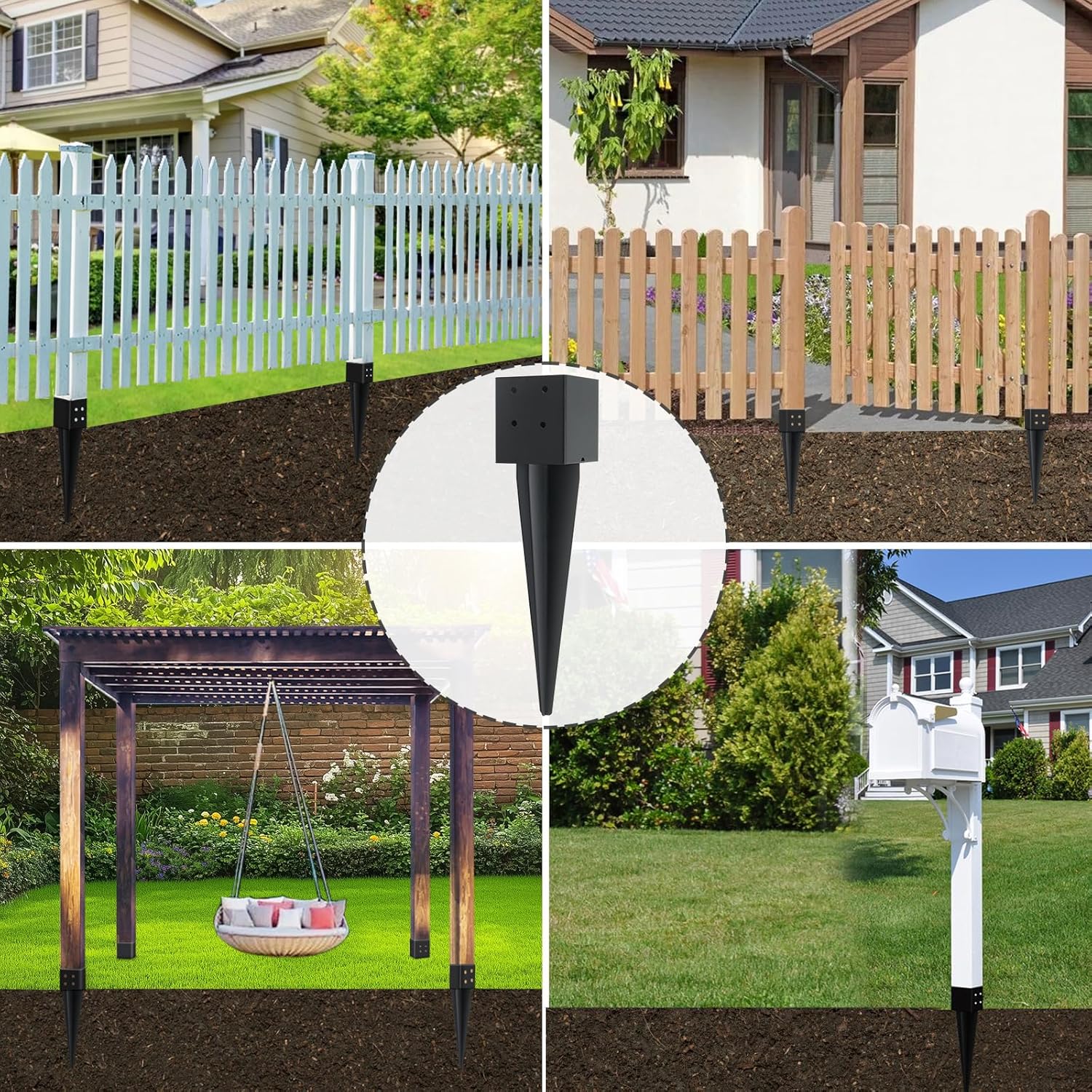4 Pcs 4"x4" Fence Post Anchor Ground Spike 16"(Actual 3.6"x3.6") Heavy Duty Metal Fence Post Anchor with Black Powder-Coated for Deck,Fence,Porch,Railing,Mailbox
