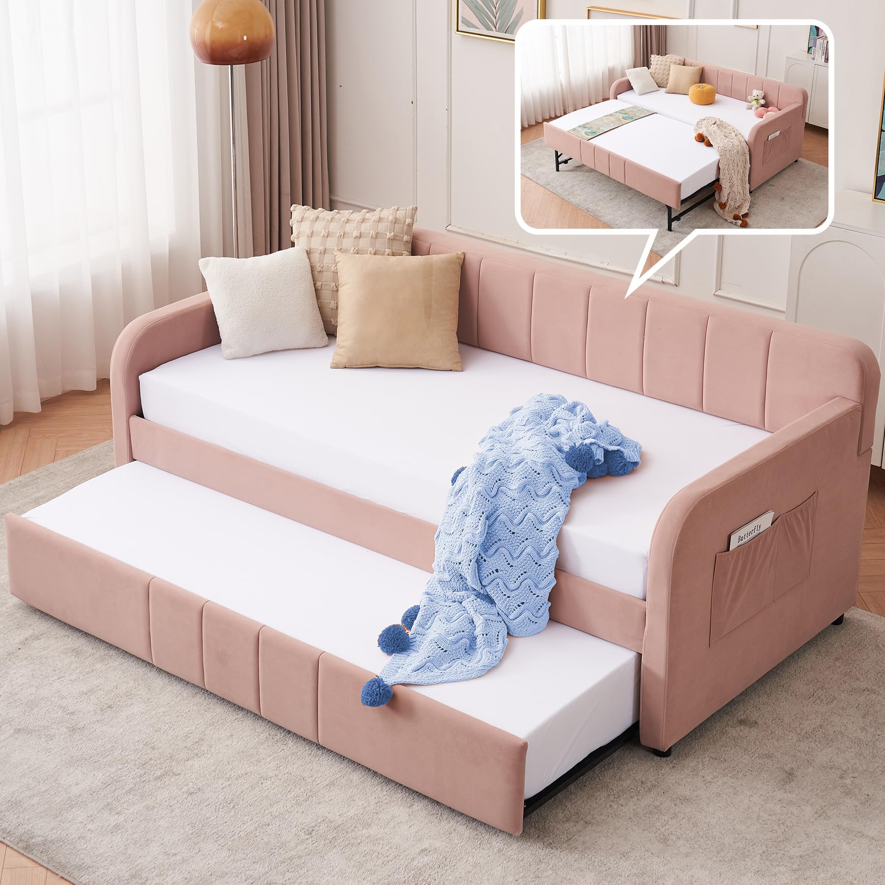 Thctvous Upholstered Daybed with Pop up Trundle for Adults, Velvet Twin to King Daybed Frame with USB Port & Side Pocket for Bedroom, Noise Free, No