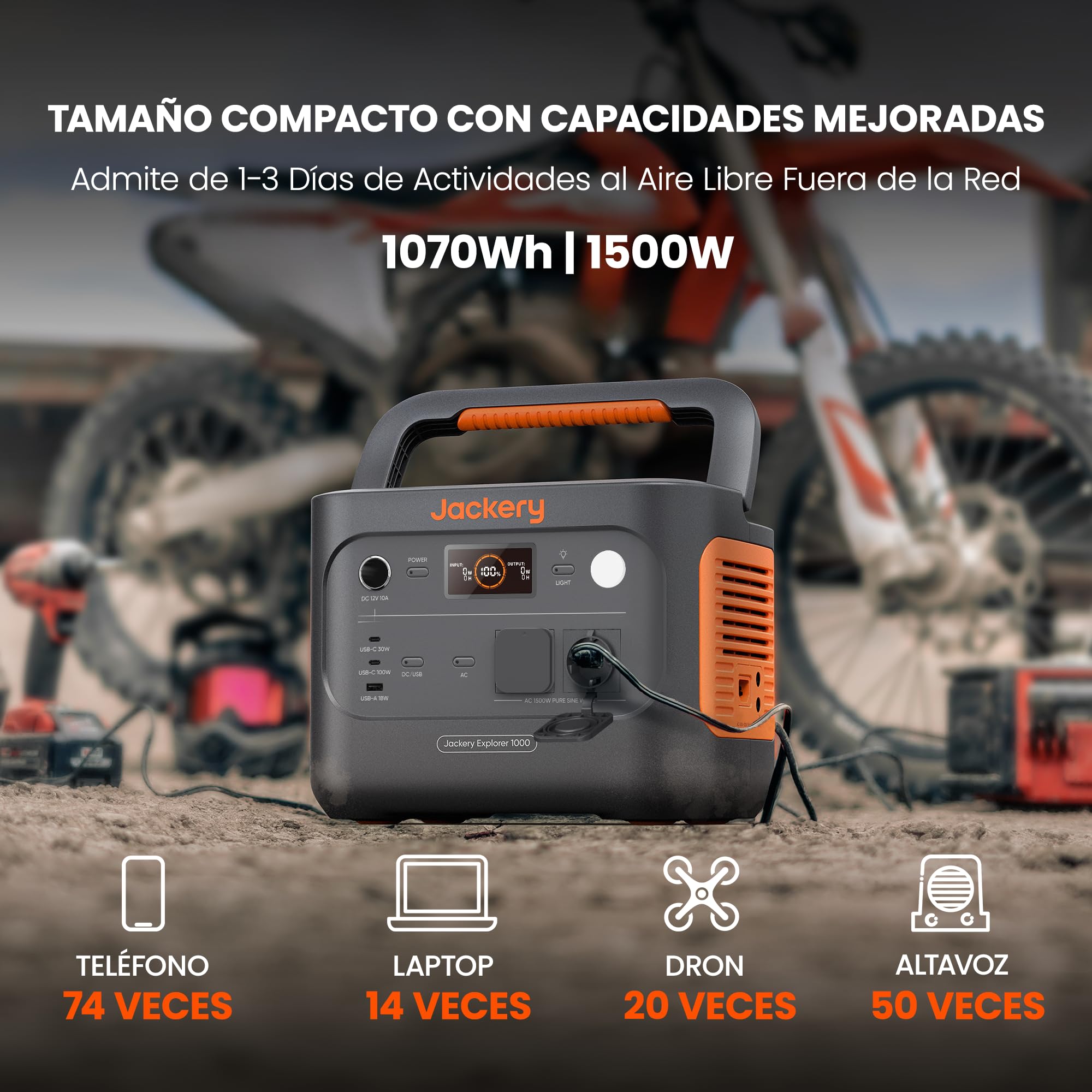 Generador Eléctrico Portátil Jackery Explorer 1000 v2 con 100W Panel Solar, 1070Wh Batería LFP, 1500W AC/100W USB-C Salida, Carga Completa Rápida 1H vía APP para Exteriores, Autocaravanas, Emergencias — view 3