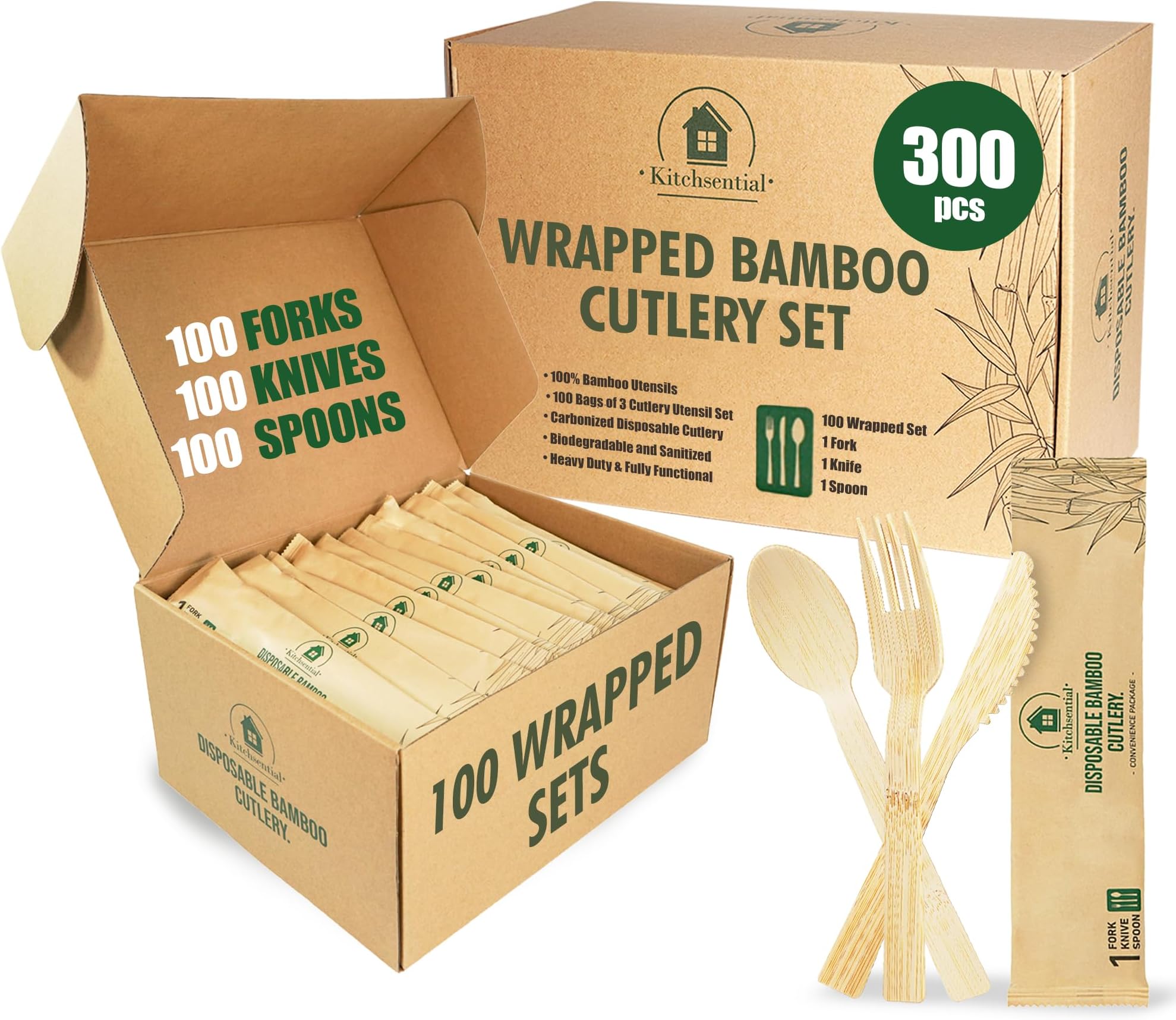 Bamboo Cutlery Set – (100 Wrapped Sets: 1 Bamboo Forks, Spoon & Knife - 300 Pcs) – Bamboo Disposable Utensils Set – Disposable Cutlery – Bamboo Flatware – Bamboo Silverware Set