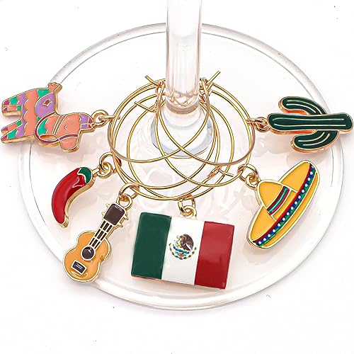 Miniatura 6 de Mexico Wine Glass Charms, Mexican Gift Idea, Fiesta Decor, Set of 6 Charms Include Piñata, Mexican Flag, Chili Pepper, Cactus, Guitar, Sombrero,