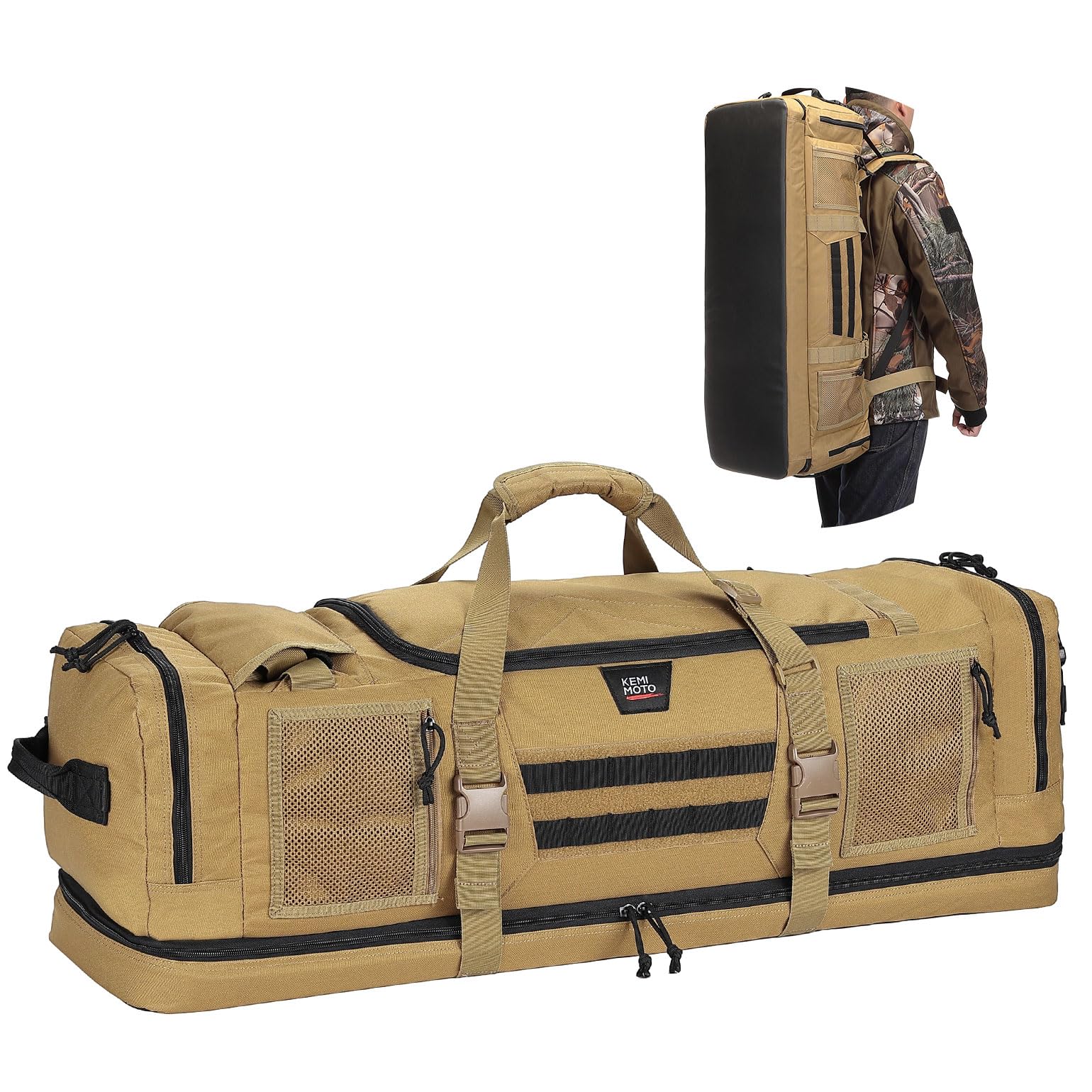 KEMIMOTO Hunting Duffle Bag, 78L large Capacity Travel Gear Bags Tool Range Cases for Long Distance Trips Hiking Hunting Fishing Camping, Multi Pocket Design, Brown Backpackable