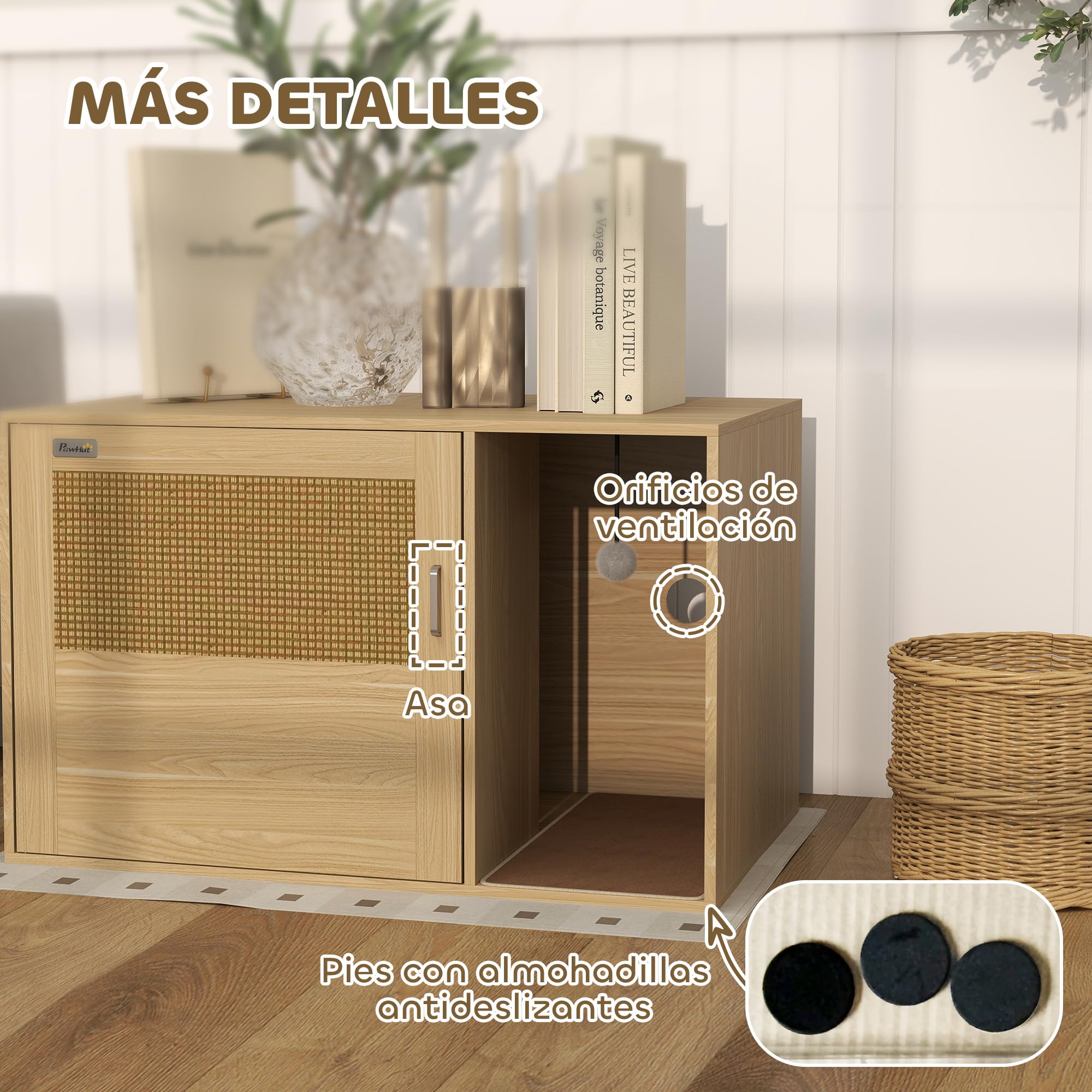 PawHut Mueble Arenero para Gatos Puerta de Ratán 80x50x50 cm Roble | Caja de Arena para Gatos, Almohadilla para Rascar, Mesa Auxiliar, Salón, Dormitorio