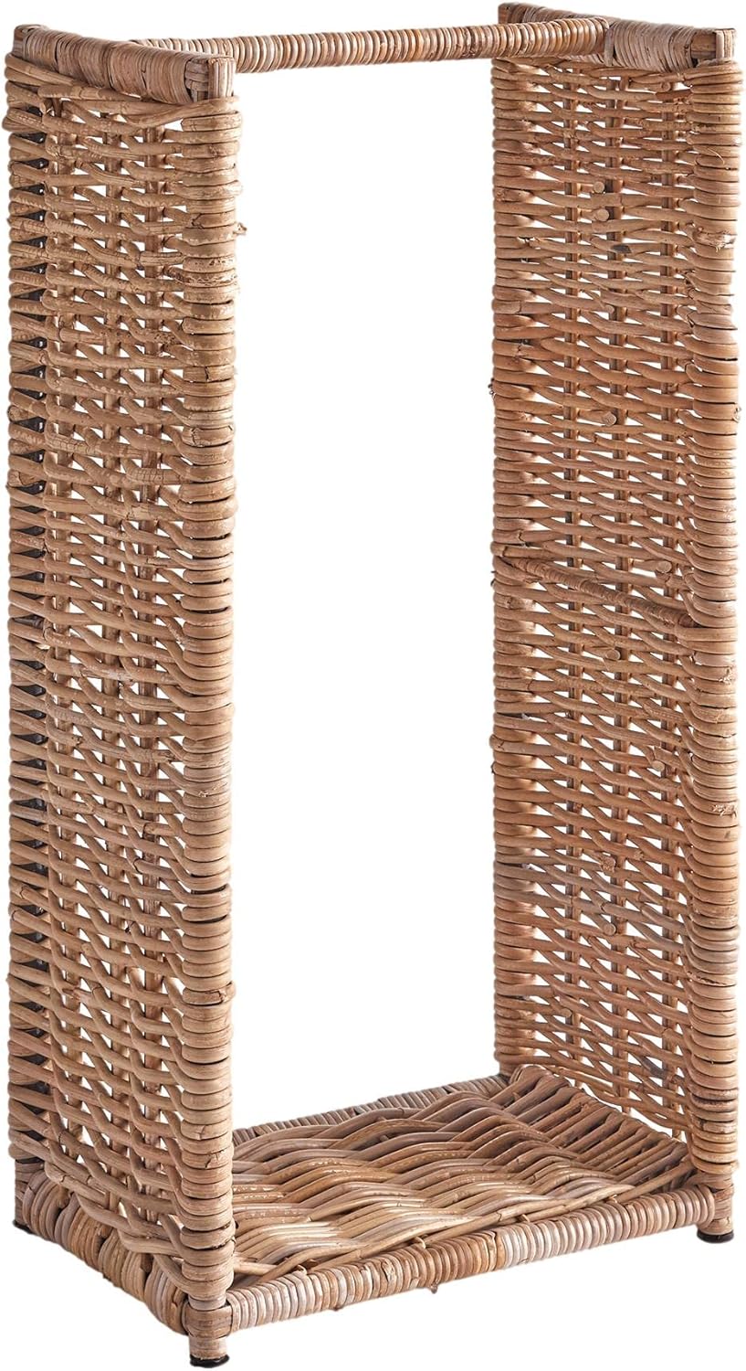 MY SWANKY HOME Tall Rattan Open Log Stacking Basket Firewood Holder 30 in Fireplace Cottage