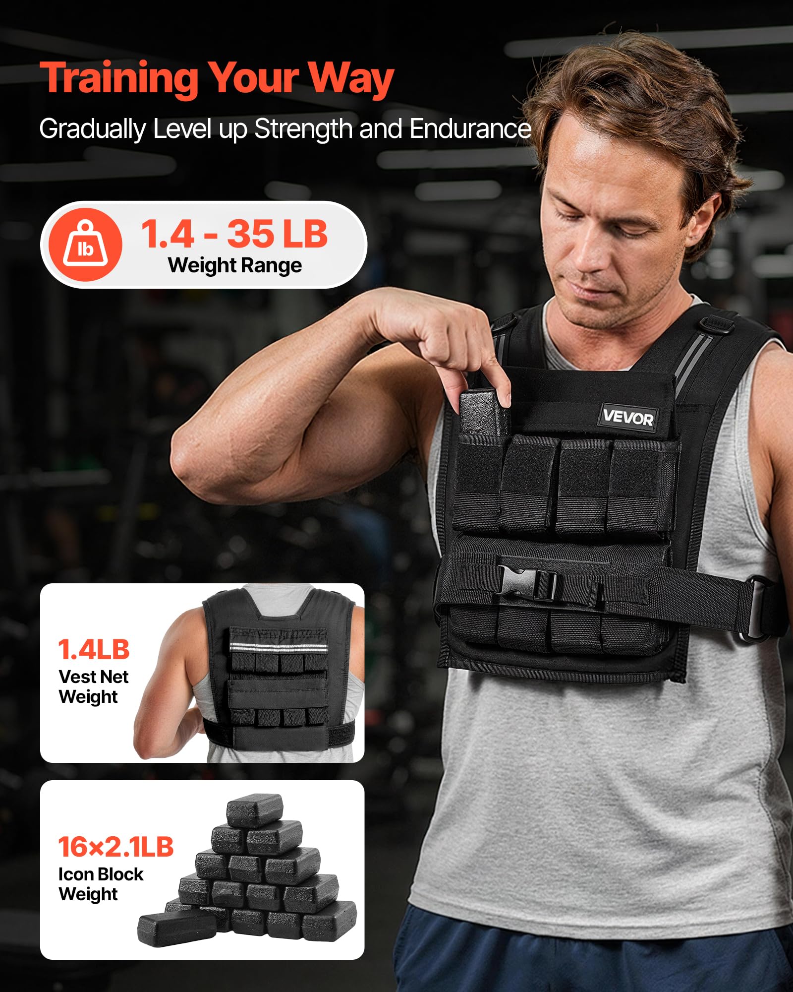 VEVOR Chaleco Lastrado Ajustable 0,63-16 kg, Chaleco Ponderado con 16 Bloques de Hierro Extraíbles de 0,95 kg, Tira Reflectante, para Entrenamiento de Fuerza, Correr, Fitness, Desarrollo Muscular