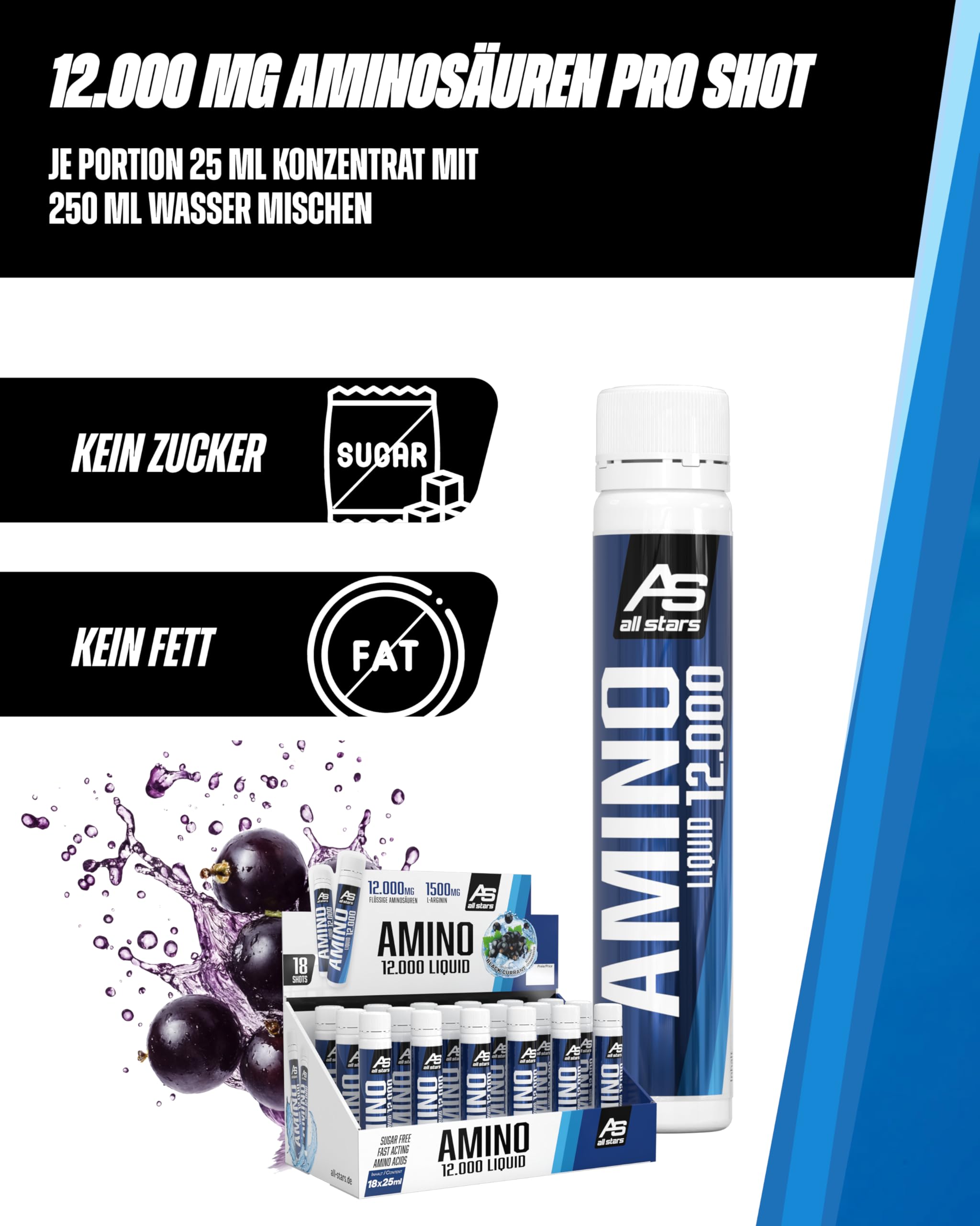 ALL STARS Amino Liquid 18 x 25ml Black Currant - Flüssiger Aminosäuren Komplex hochdosiert 12.000mg mit 12g Protein pro Portion, Nahrungsergänzungsmittel für Sportler