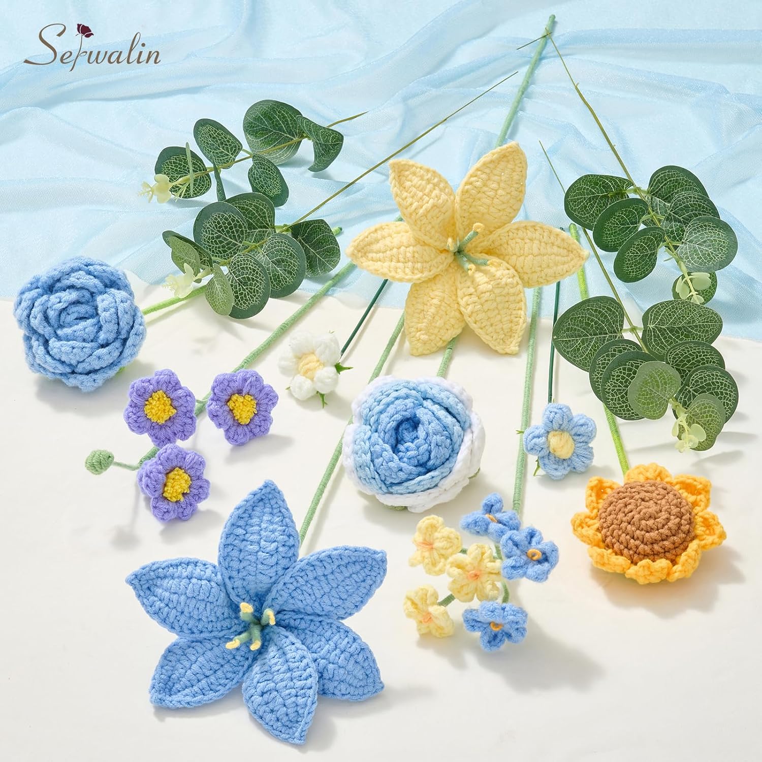 Serwalin Crochet Flower Bouquet, Blue Handmade Knitted Flowers, Liliy Sunflower Roses Crochet Flowers for Mother's Day Graduation Teacher Anniversary Birthday Gifts,for Girlfriend,Wife(Include Card)