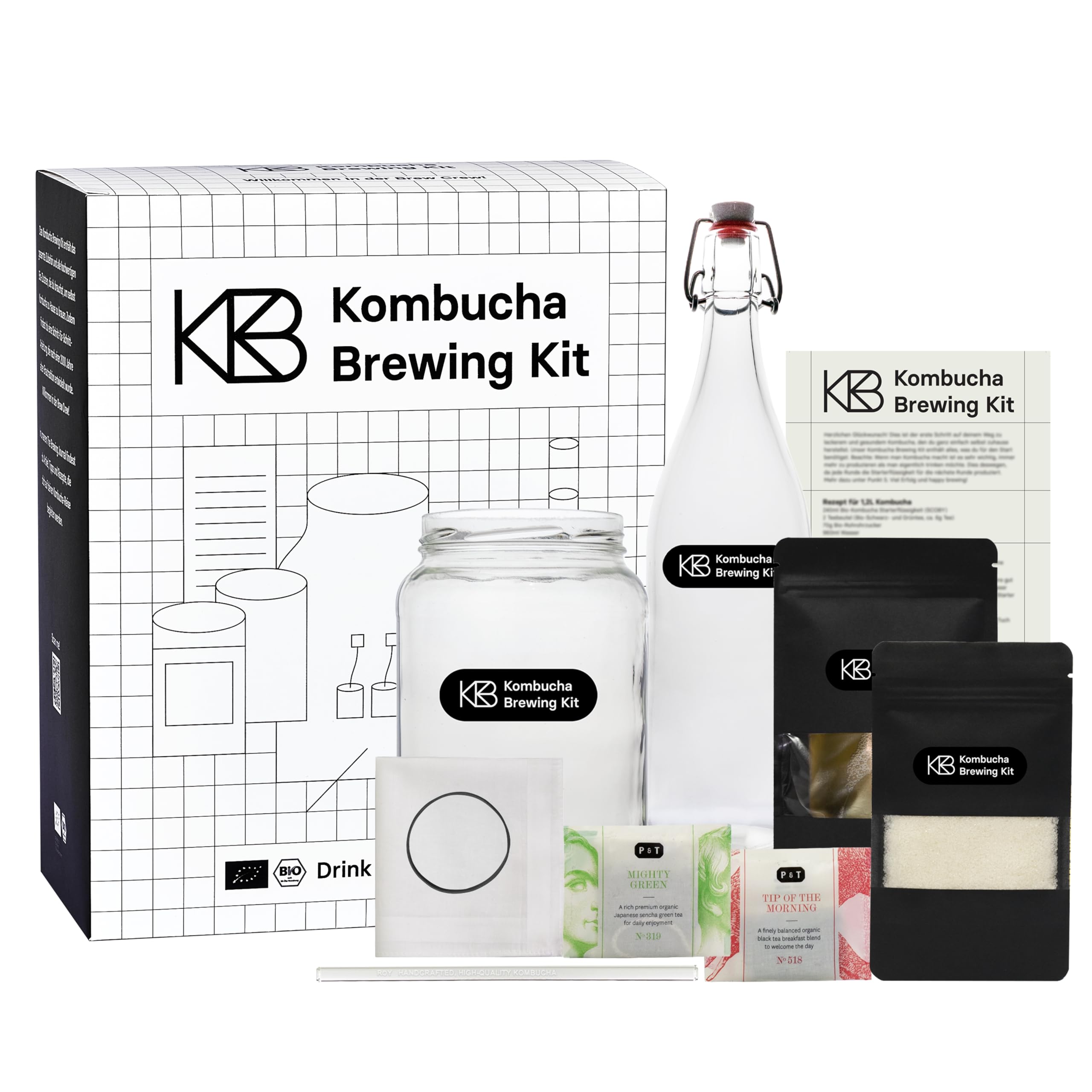 Kombucha Brewing Kit Bio, Kombucha Starter Set mit Bio-SCOBY Starterkultur und Kombucha Pilz, Gärgefäß, Bügelflasche, BioRohrohrzucker und Glasstrohhalm, handgefertigt, vegan, glutenfrei, laktosefrei