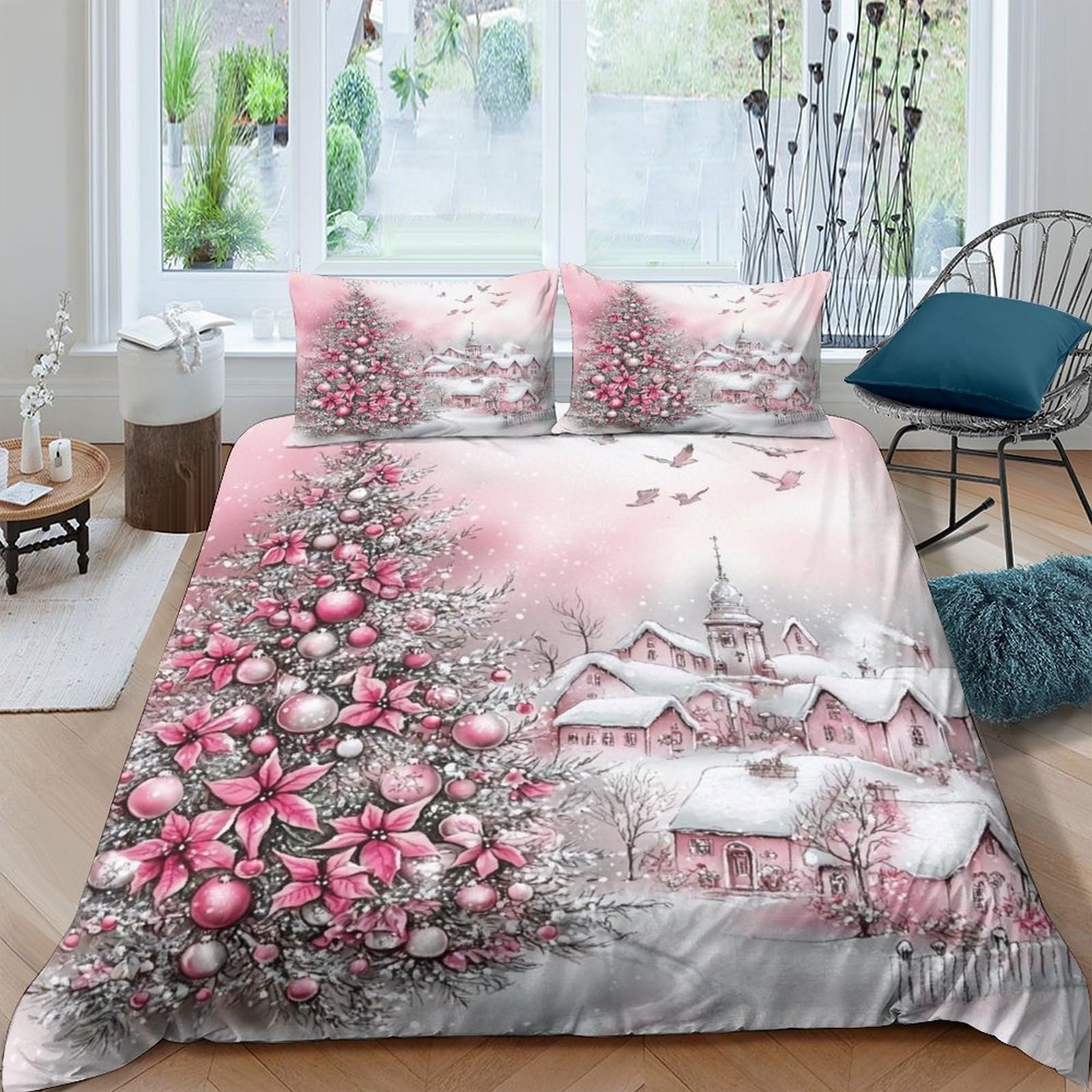 Ctjqhvkz Style-8 3D Printed Pink Christmas Tree Fitted Sheet Microfiber Soft Snowy Village Bed Cover For Bedroom Dorm Mattress Decor Single（135X200cm）