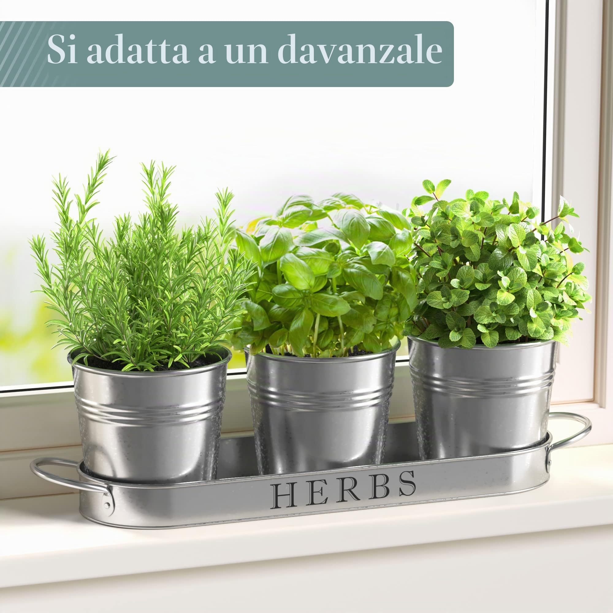 Barnyard Designs Set di fioriere per erbe aromatiche con vassoio, per giardino interno o esterno, vasi decorativi in metallo zincato, per cucina, (set da 3, 11 x 10 cm, su 32 x 10 cm)