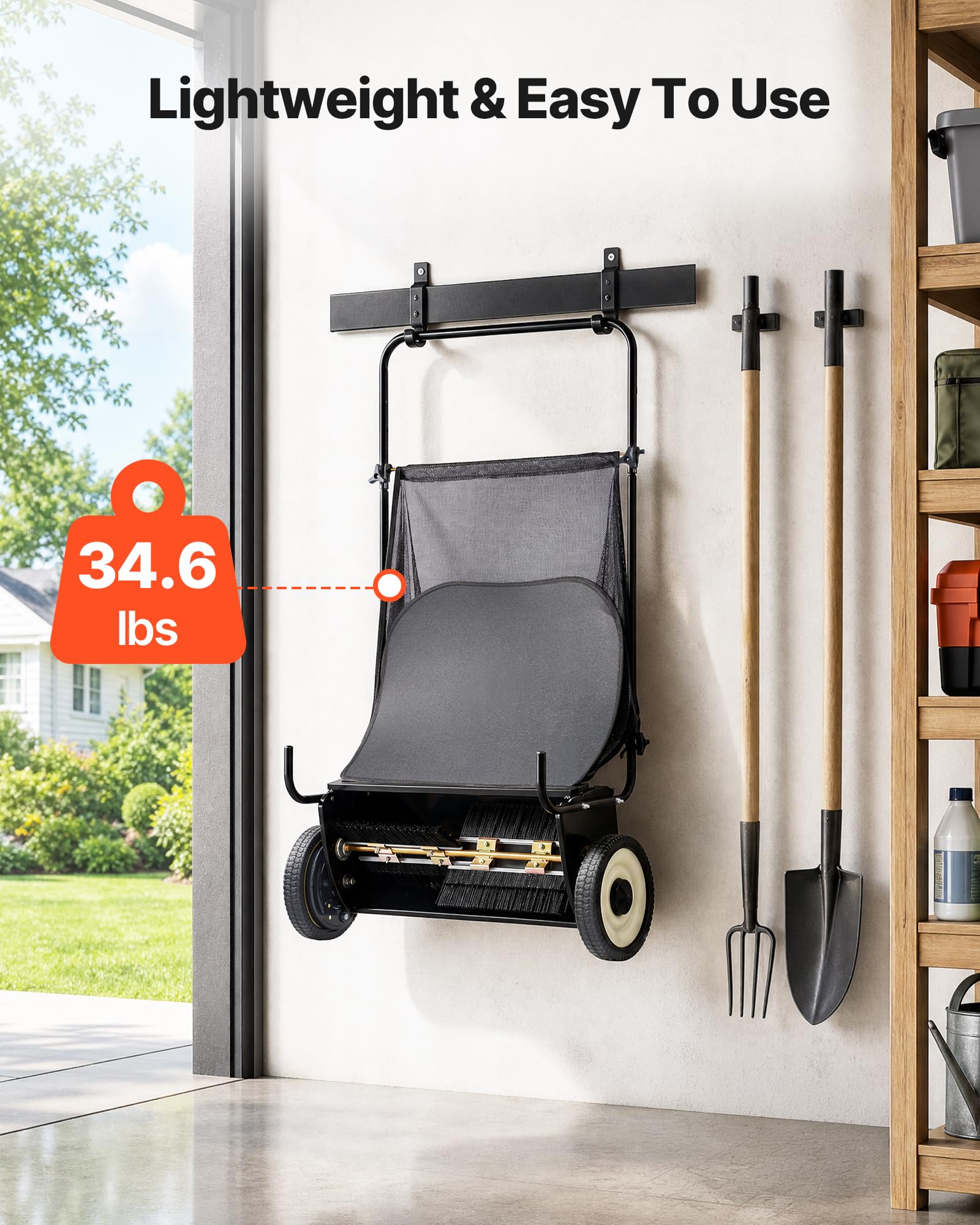 VEVOR Barredora de Césped 198L Cortacésped Manual con Bolsa recolectora Ancho de Barrido 66cm Cepillo Giratorio Altura Ajustable Ruedas 25,4 cm para Césped Hojas de Jardín Escombros Secos 142x81x75 cm