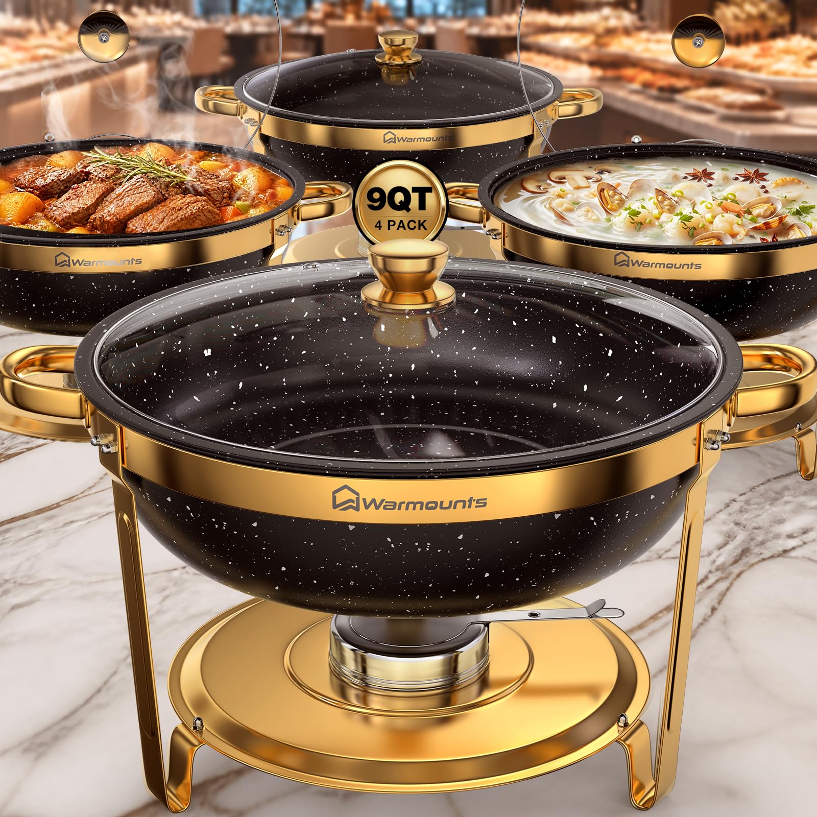 Chafing Dishes for Buffet, 4 Pack 9QT Gold Buffet Display Set