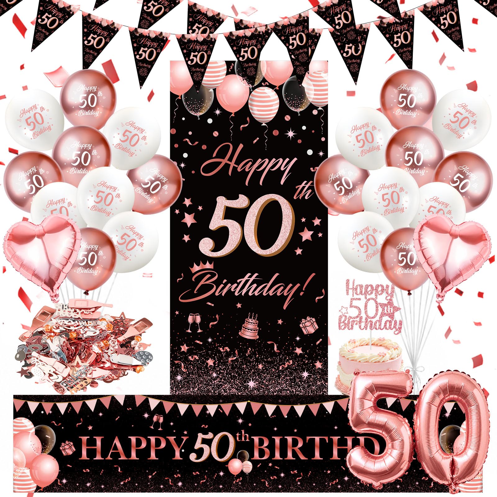 WenmthG 50 Geburtstag Deko Frauen, Roségold Dekorationen zum 50 Jahre | 50. Geburtstag Deko mit Girlande, Banner, Zahlen Luftballon, Konfetti, Tortendeko, Dreieck Flagge Banner