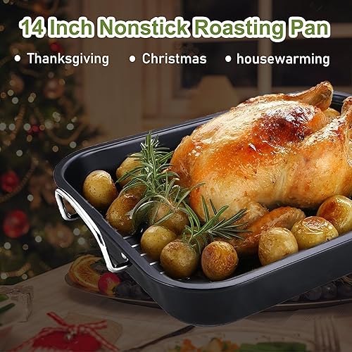 Miniatura 5 de Sartén antiadherente con estante, sartén para asar pavo de 14 pulgadas con estante, olla asadora resistente para pavo, pollo, verduras, lasaña