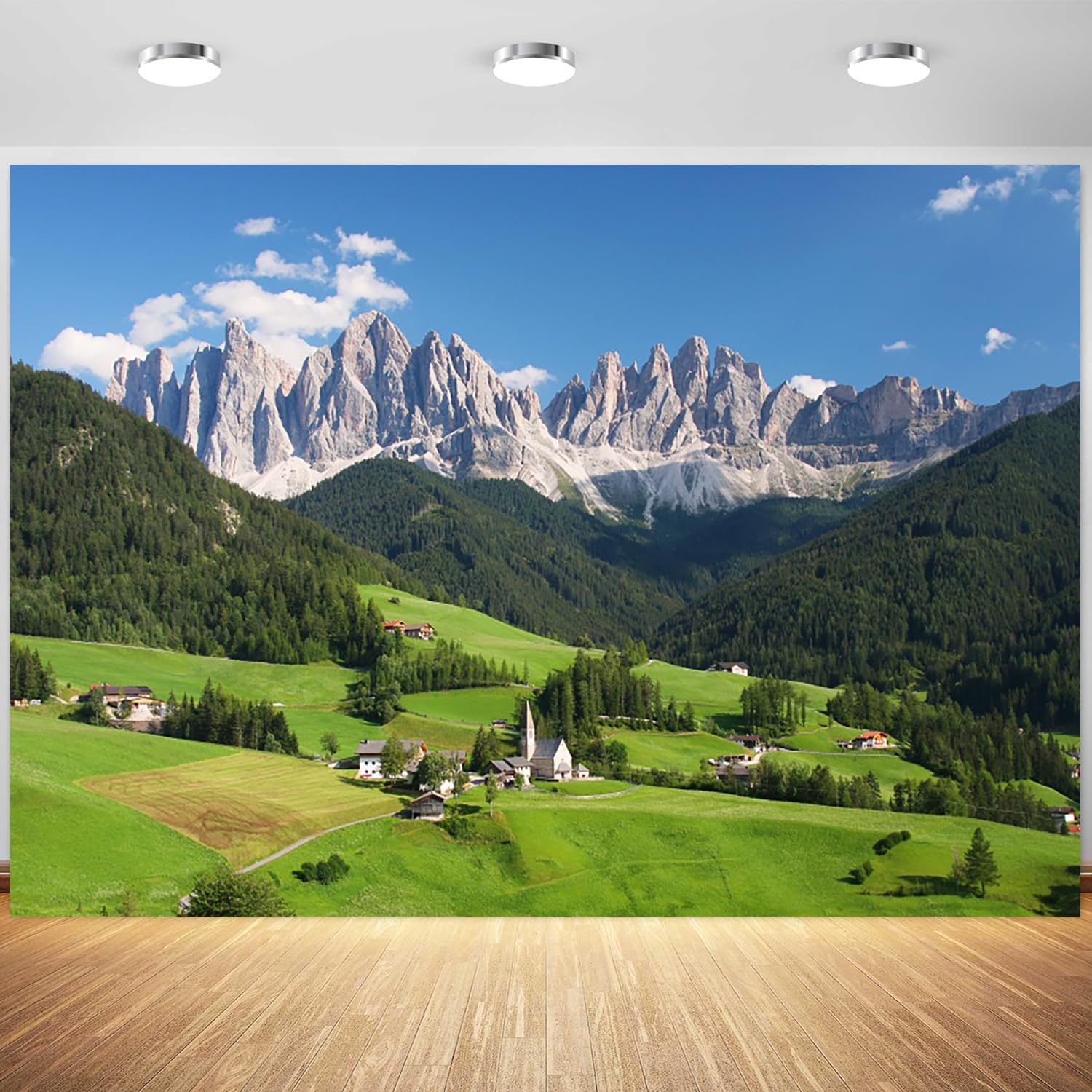 10x8ft Mountain Backdrop Alps Mountain Swiss Mountains Landscape Photography Background Nature Mountain Forest Green Hills Village Banner Outdoor Decorations Photo Booth Props