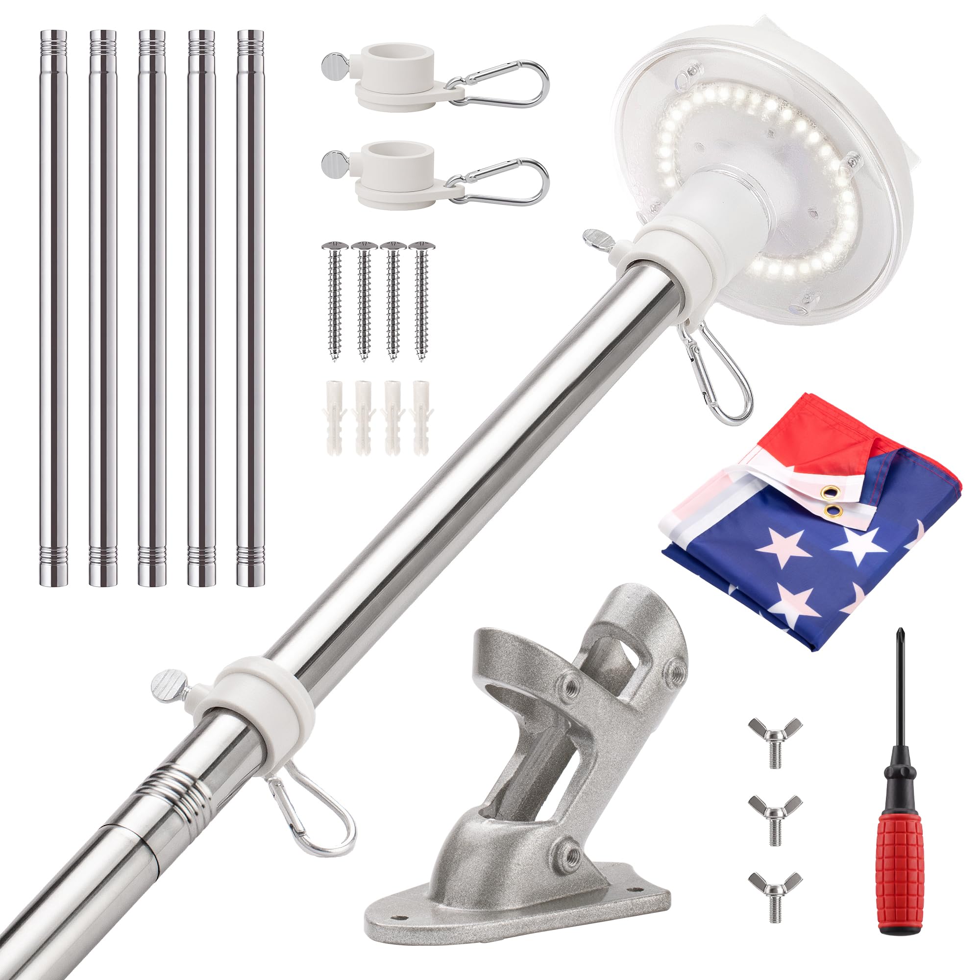 Kit asta per bandiera da 1,8 m con luce solare e bandiera americana 3 x 5, asta per bandiera in acciaio inox da 2,5 cm, per esterni, montaggio a parete, supporto regolabile, anelli