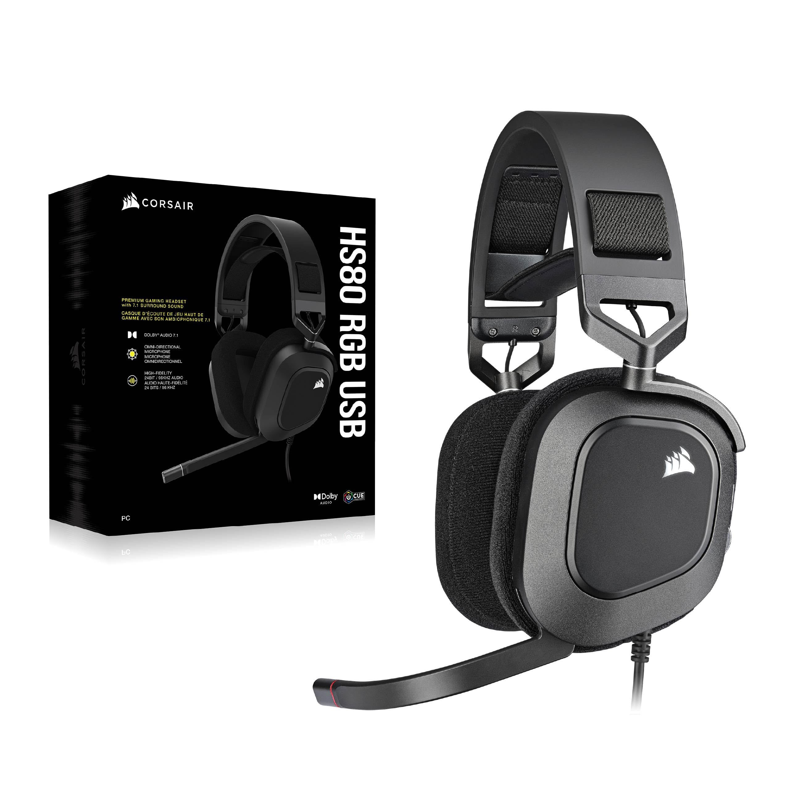 Corsair HS80 RGB Auriculares con Micrófono para Juegos USB - Negro | Sonido Envolvente Dolby 7.1, Micrófono Omnidireccional, Compatible con iCUE, PC