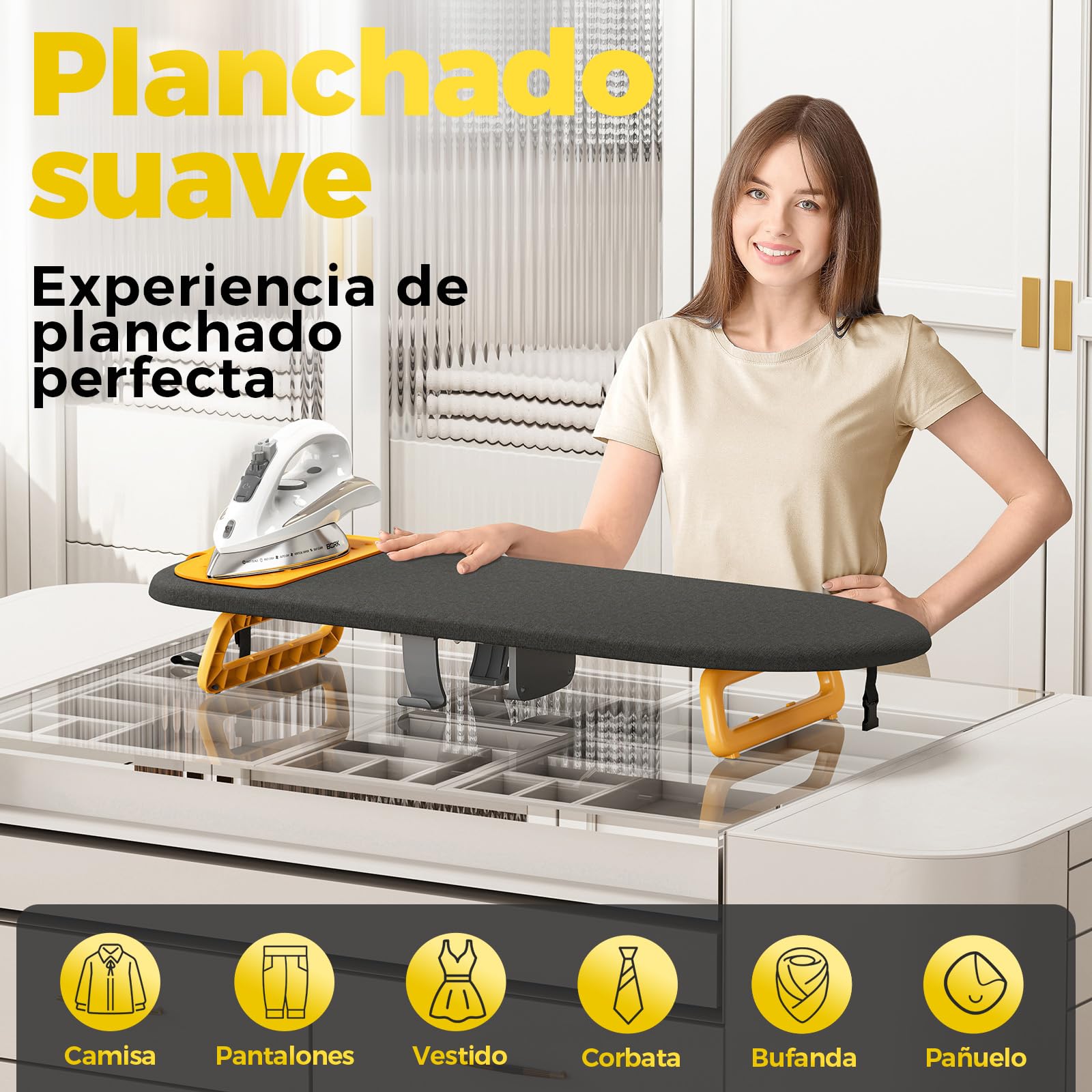 KINGRACK Tabla de Planchar Plegable, con Soporte, Negro | Plegable y compacta, fácil de guardar, ideal para viajes y dormitorios