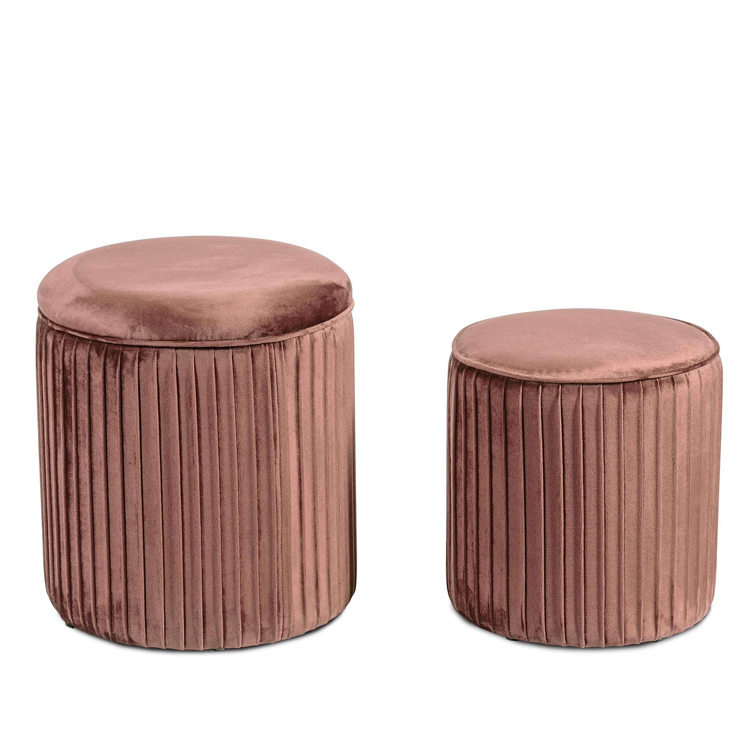 Norbe | TIK-TAK Set 2 Pouf Contenitore Velluto | Poggiapiedi Salotto | Cilindro Impilabile | Sgabello a Coste Camera da Letto | Rosa antico