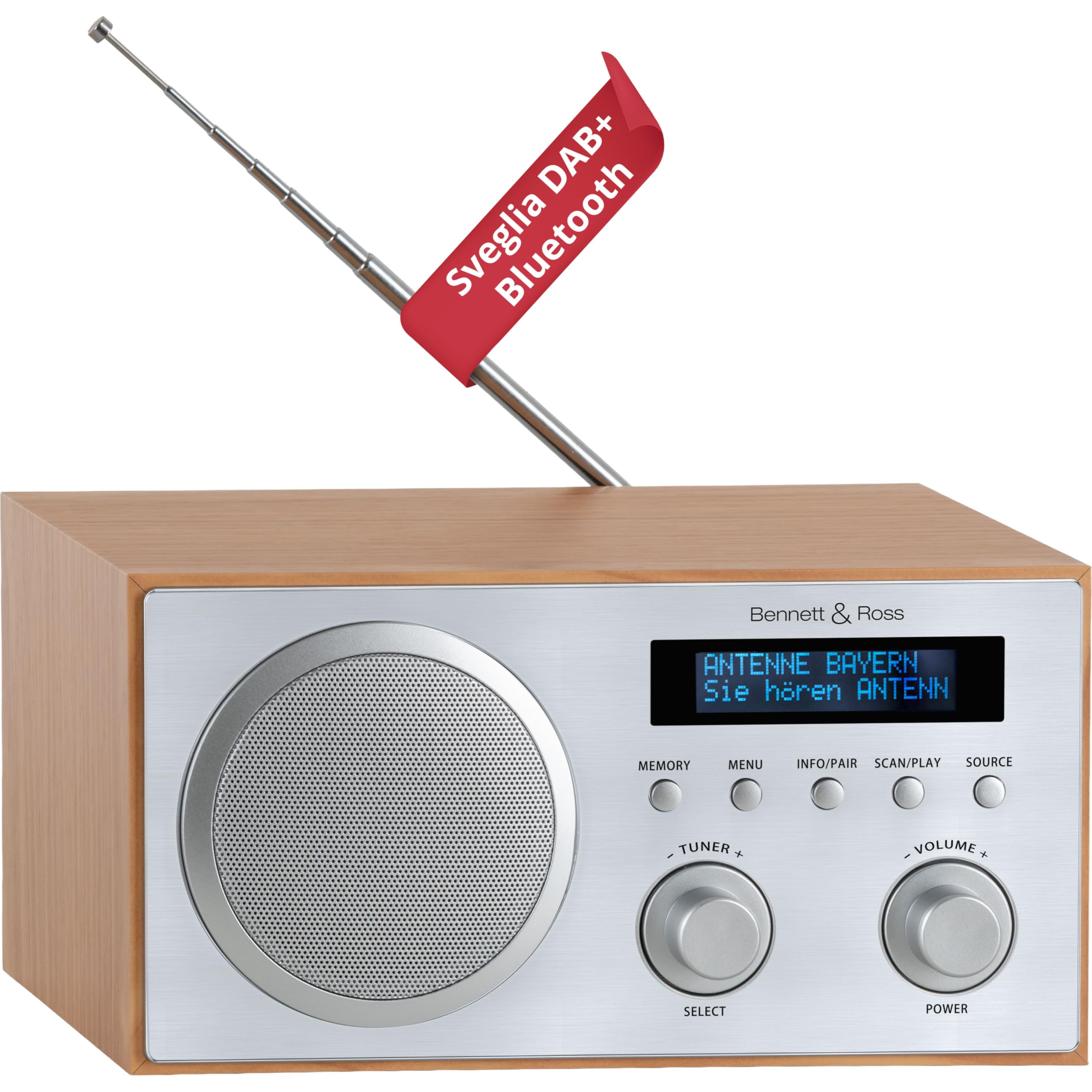 Bennett & Ross DAB-258 NT Vikedal Radio Digitale DAB+/FM - Streaming Bluetooth dallo Smartphone - Lettore USB MP3 e AUX - Doppia Sveglia con Snooze e Timer Di Spegnimento - Display LCD - Naturale