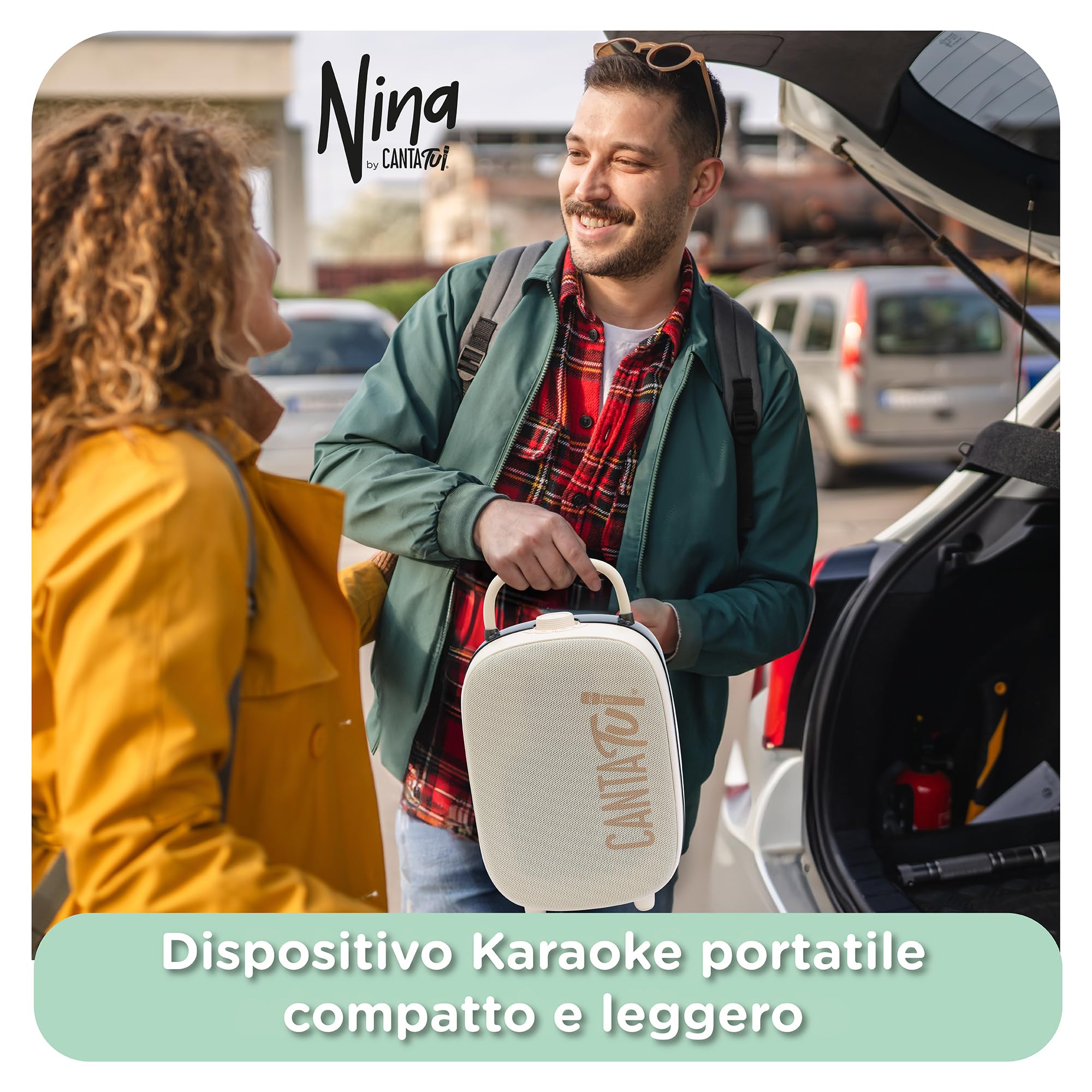 Canta Tu Nina Macchina Karaoke 2 Microfoni Wireless Bluetooth Altoparlante Portatile Luci LED Cambio Voci Beige