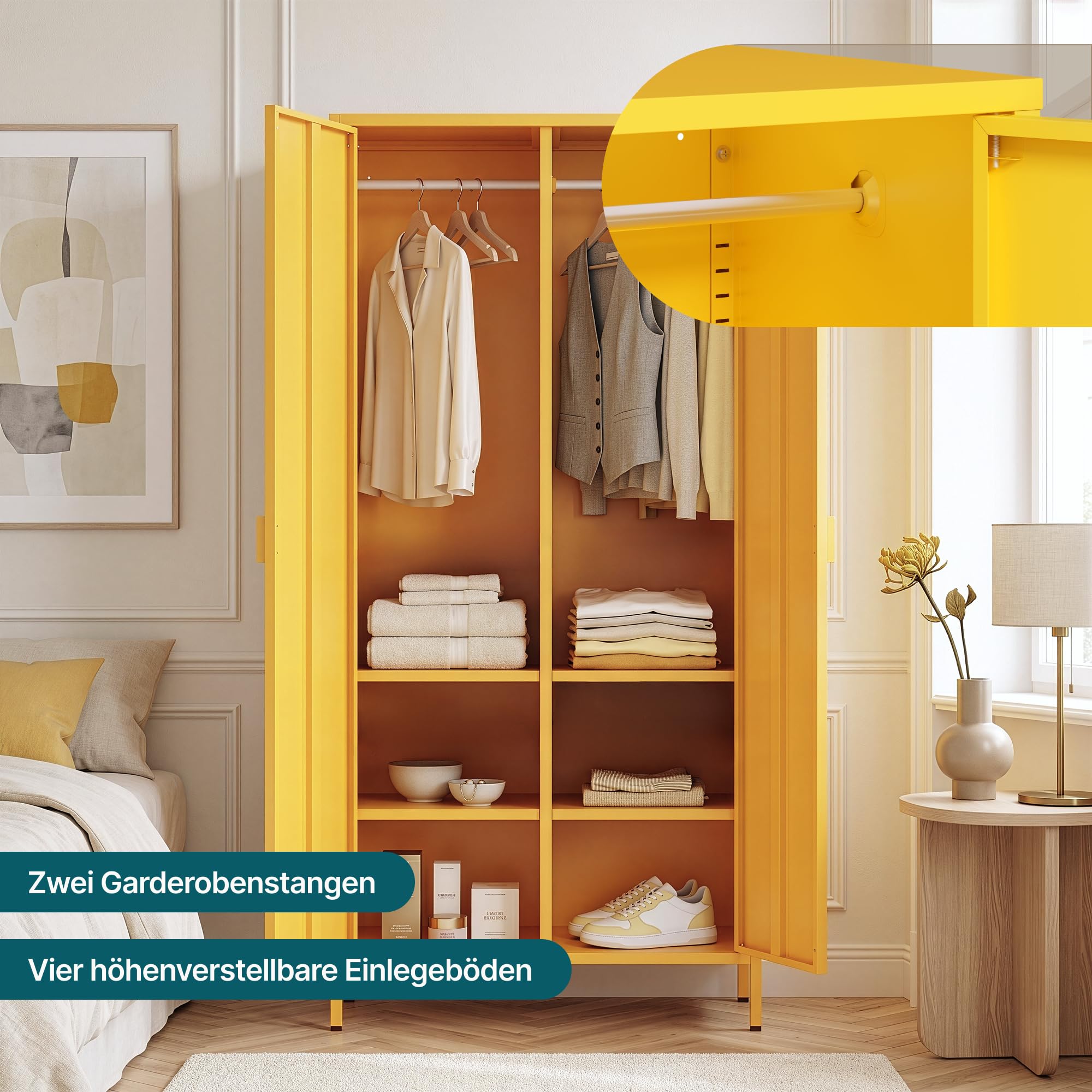 [en.casa] Kleiderschrank Esteli Garderobenschrank mit 2 Türen 170 x 80 x 45 cm Schlafzimmerschrank 2 Kleiderstangen 4 höhenverstellbare Einlegeböden Stahl Gelb