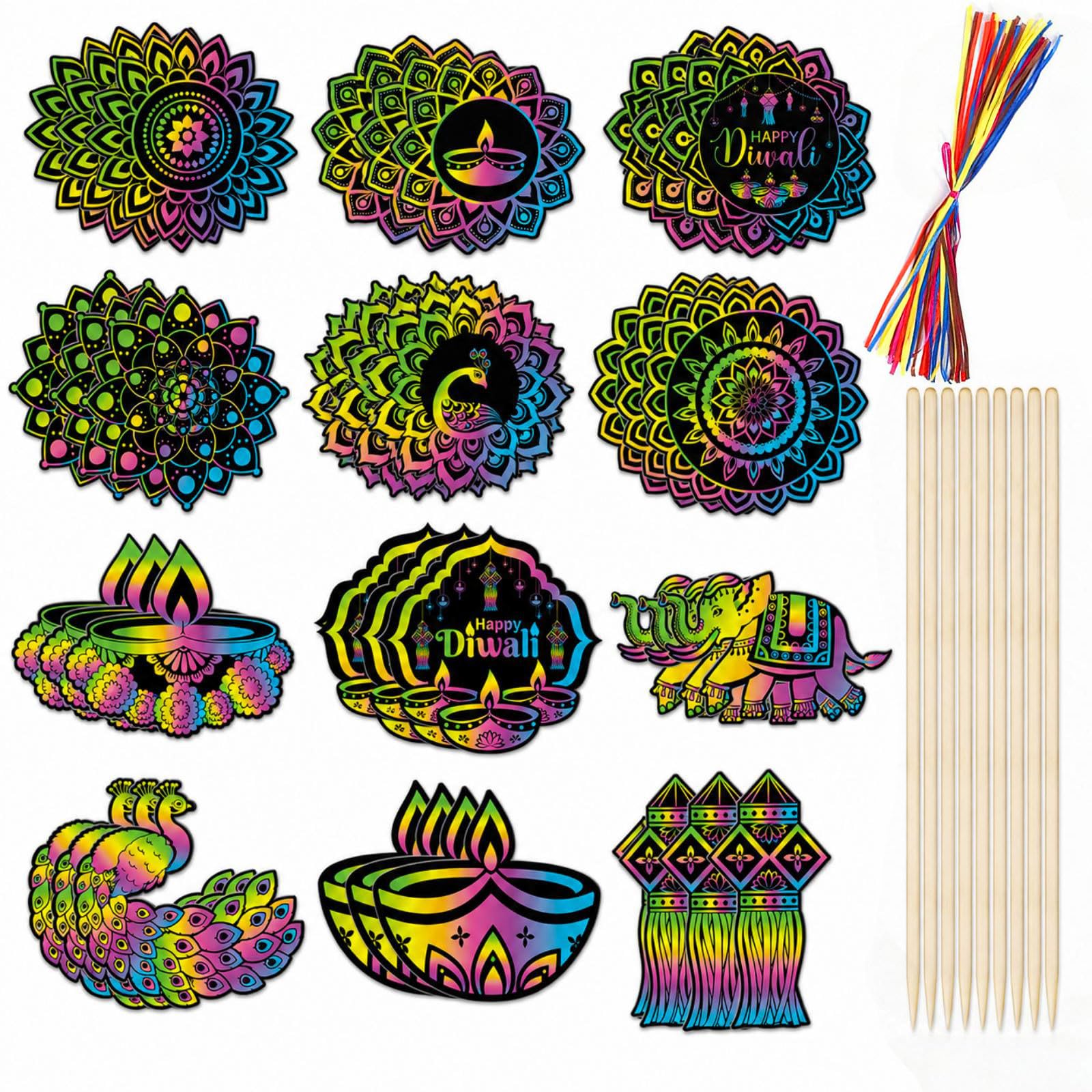 36 Pcs Diwali Rangoli Scratch Art, Diwali Diyas and Rangoli Rainbow Scratch