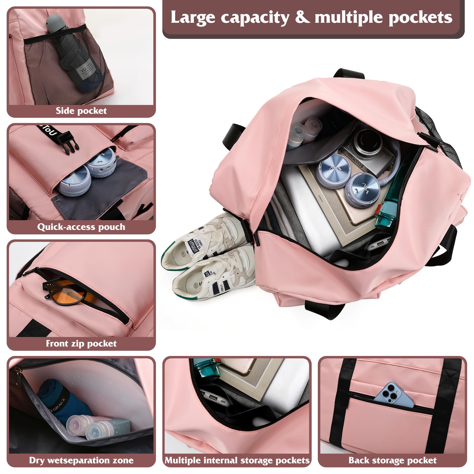 Borsone Palestra Donna, Borsa Palestra con Scomparto per Scarpe, Borsone da Viaggio Donna Impermeabile (Rosa)