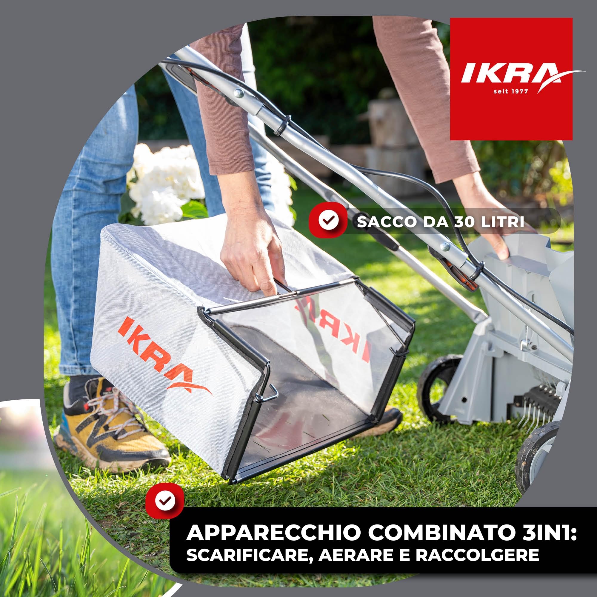 IKRA scarificatore arieggiatore a batteria 3in1 IAVL 2-2032, larghezza 32cm | Inclusi 2 batterie 20V 2,0Ah e caricatore rapido, cesto 30 l, +3/-9 mm, cambio rullo senza attrezzi, IKRA 20V