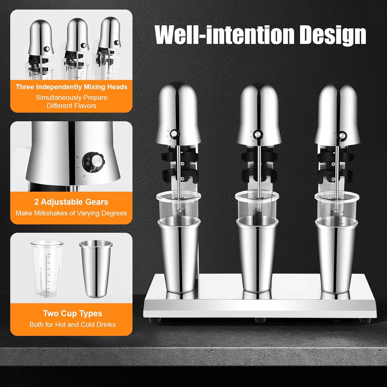 3 Heads Milkshake Mixer, 180W Tabletop Stainless Steel Drink Mixer, 18000RMP Commercial Milkshake Maker Machine for Milk Tea, Fruit Smoothie in Beverage Stores, Cafes, Hotels