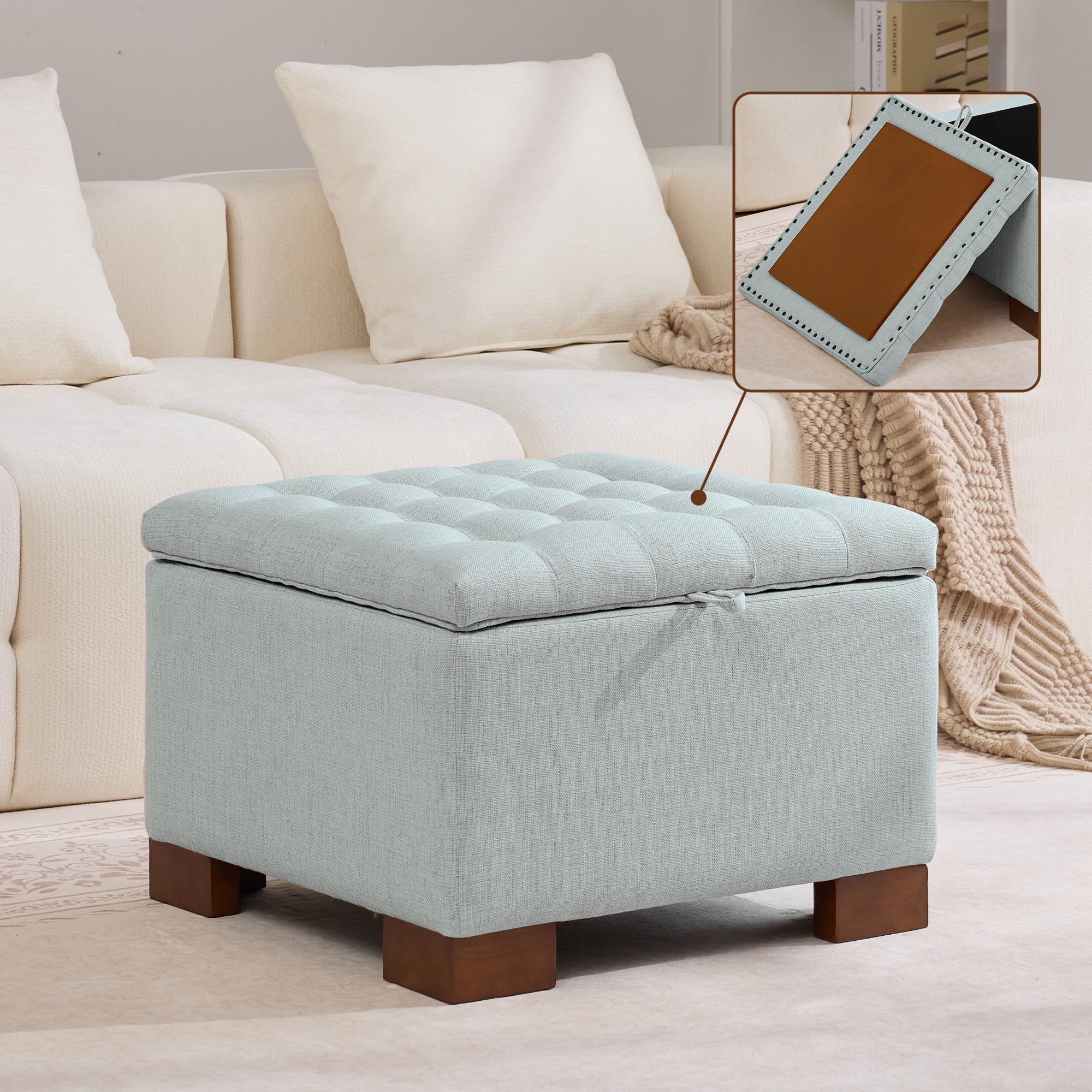 WUTUTUEE 24" Fabric Square Storage Ottoman with Wooden Tray, Modern Tufted Button Footstool Coffee Table, Upholstered Small Ottoman for Living Room, Bedroom, Blue
