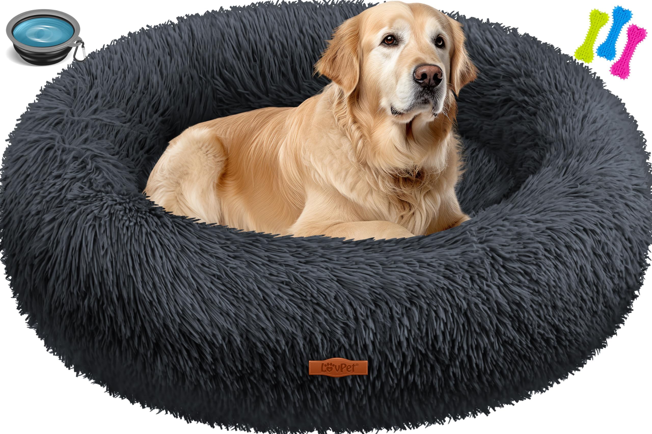 Lovpet® Cama para Perro, Cama para Gato, Bagel, Incl. Cuenco + 3X Huesos Masticables, Sofá Mullido para Perro, para Perros Pequeños, Medianos y Grandes, Gatos, Ø 80 cm (XXL) - Antracita