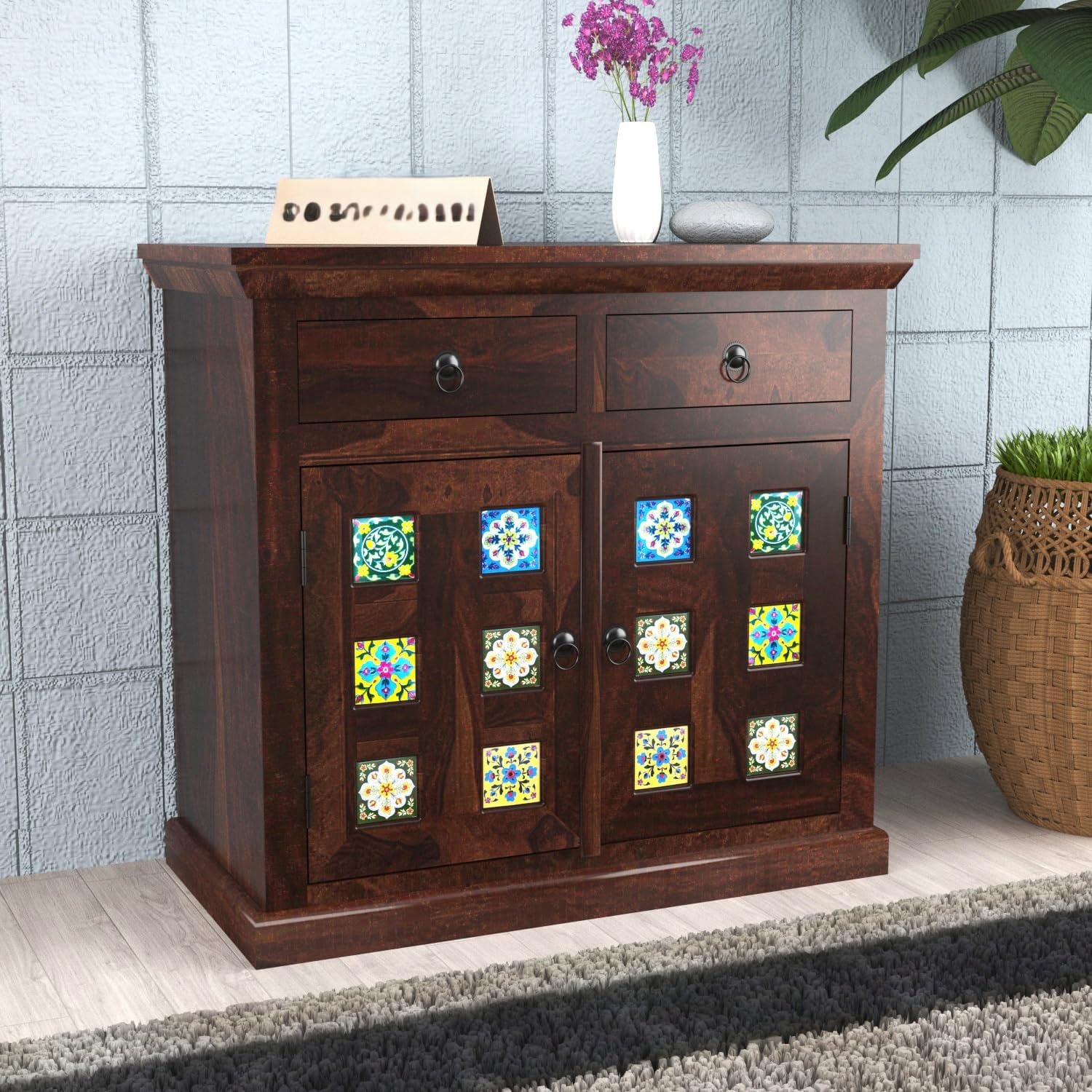 Solid Sheesham Wood Sideboard with 2 Storage and 3 Drawers Storage for Living Room | Solid Wood Cabinet for Storage | Wooden Kitchen Cabinet for Home (Walnutt)-image-29