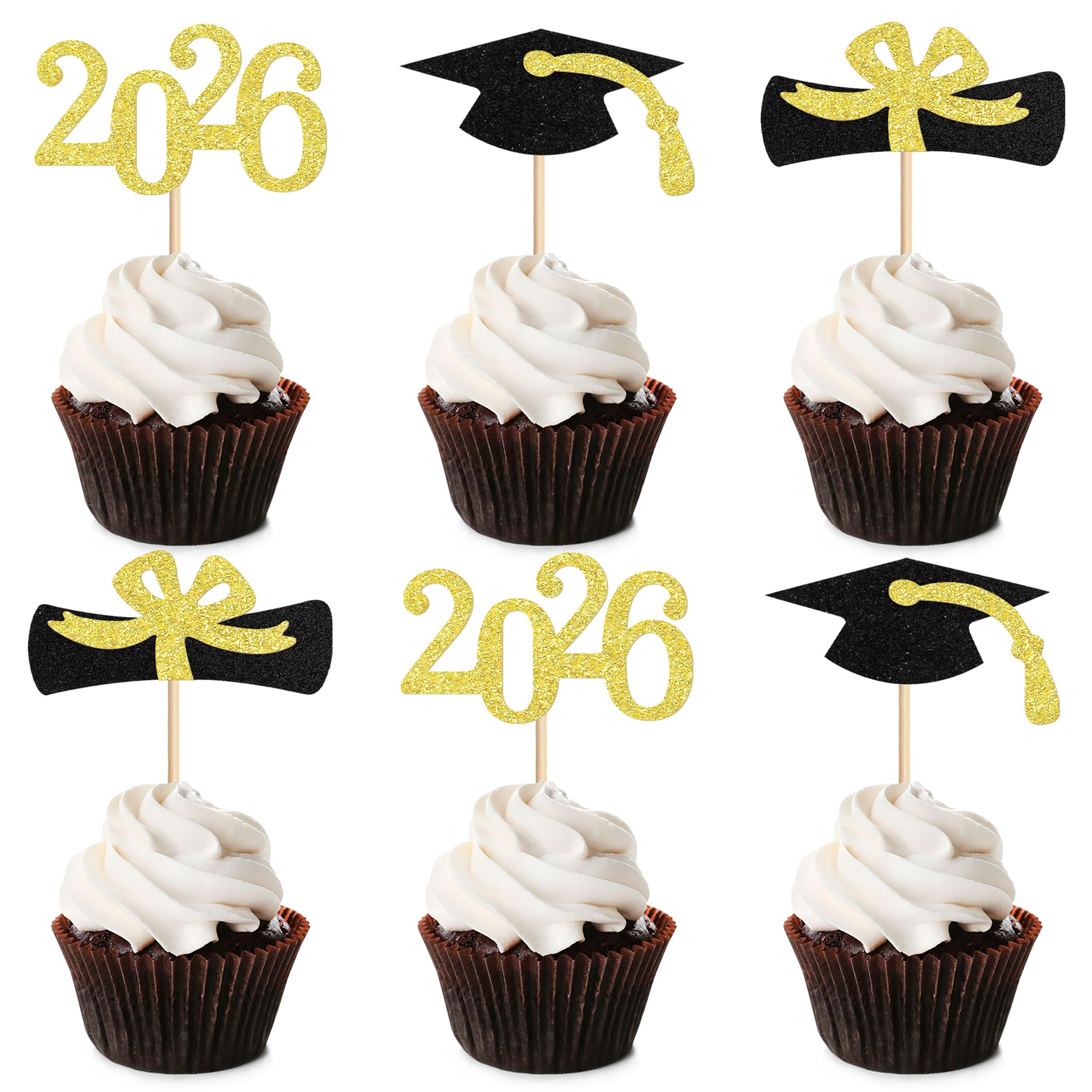 Blumomon 24Pcs Graduation 2026 Cupcake Toppers Gold Glitter Class of 2026 Graduation Cake Toppers 2026 Grad Cap Cake Decorations for Graduation Party Supplies — image 1