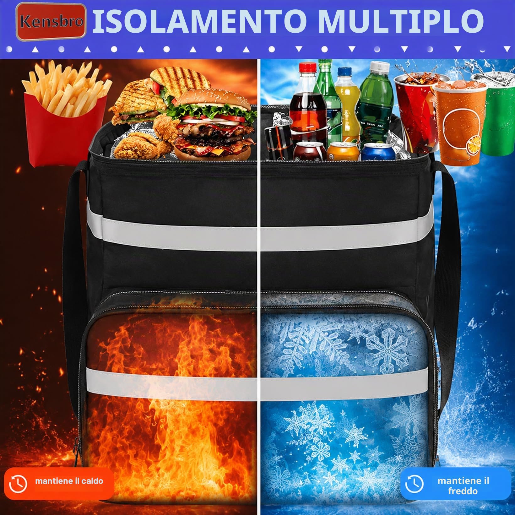 Zaino impermeabile, isolato per la consegna di cibo, grande borsa frigo, per pizza, gite, campeggio, spiaggia, viaggi all'aperto, barbecue, 38 x 36 x 38 cm