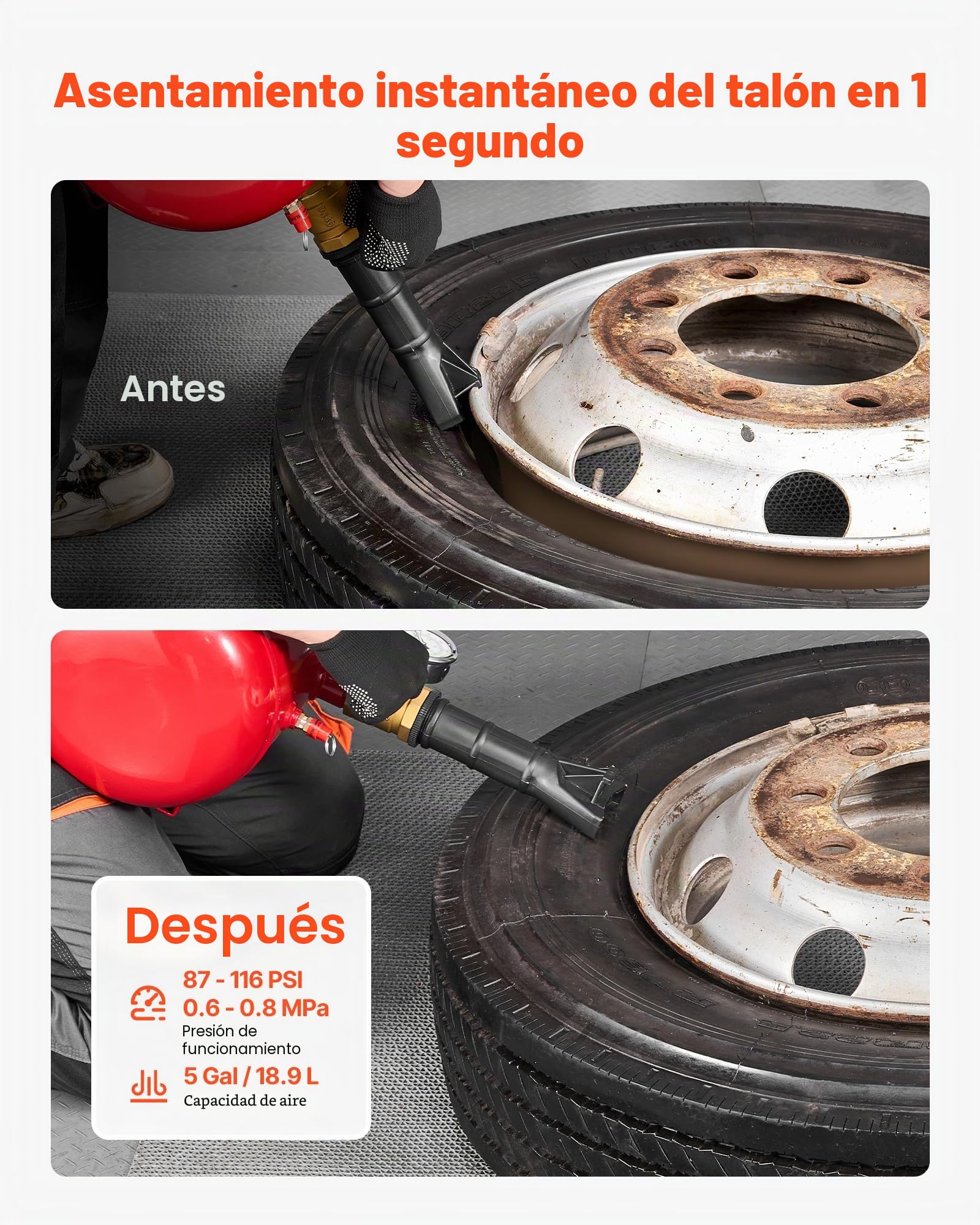 VEVOR Destalonador de Neumáticos 18,9 L, Presión de Trabajo 0,6-0,8 MPa, Bomba de Aire a Camionetas, Vehículos Todoterreno, Jeeps, Tractores Cortacésped, Autocaravanas, Rojo, 400 x 535 x 295 mm