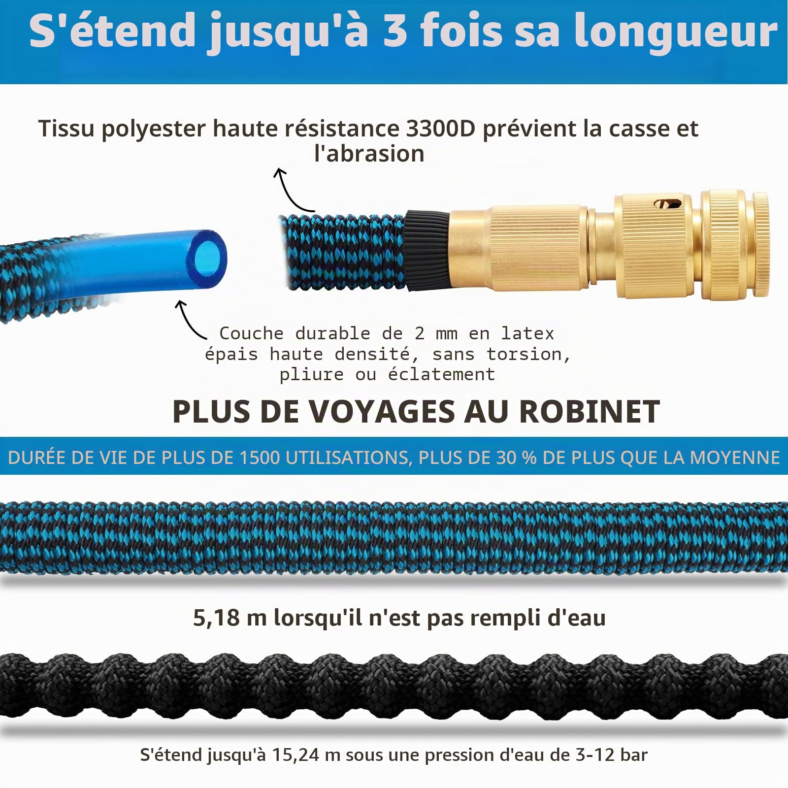 GARDIFE - Tuyau d'arrosage extensible 100FT/30M - Avec buse de tuyau à 10 fonctions - Extra résistant - 3750D - Tuyau flexible avec accessoires en aluminium massif 3/4" - Pour l'extérieur
