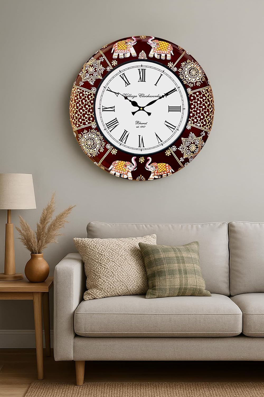 Ethnic Handcrafted Decorative Wall Clock with Rajasthani Elephant Painting | Wooden Clock for Living Room, Bedroom & Office | 16 Inch | Vintage Design | Silent Sweep Movement [KTWC191]