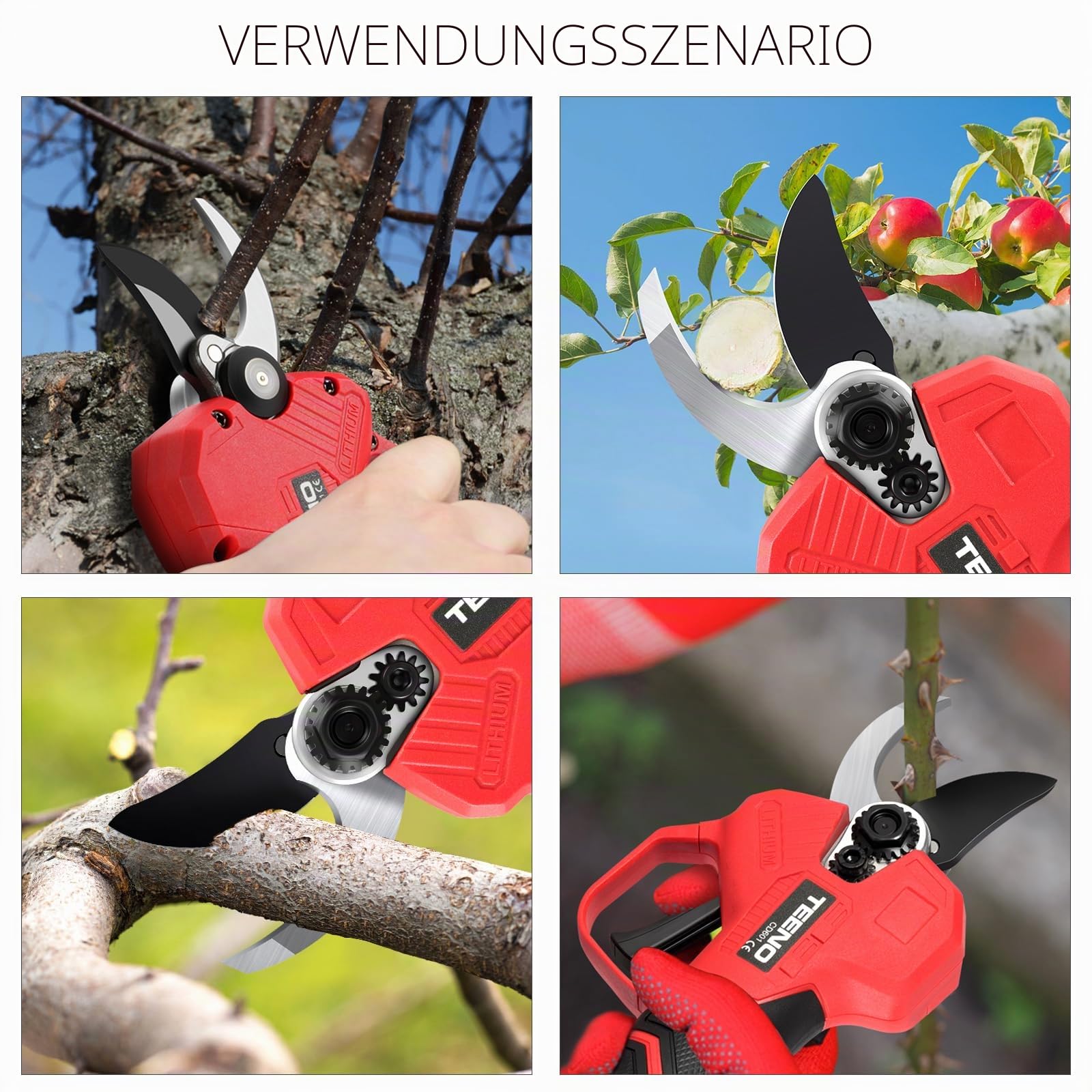 TEENO Elektrische Gartenschere 30mm, kabellos, bürstenlos, mit LCD,2*2000 mAh Batterien, schnurlose professionelle elektrische Schere für Garten, Äste und Obstgärten(zwei Batterien), TEENO-CD616