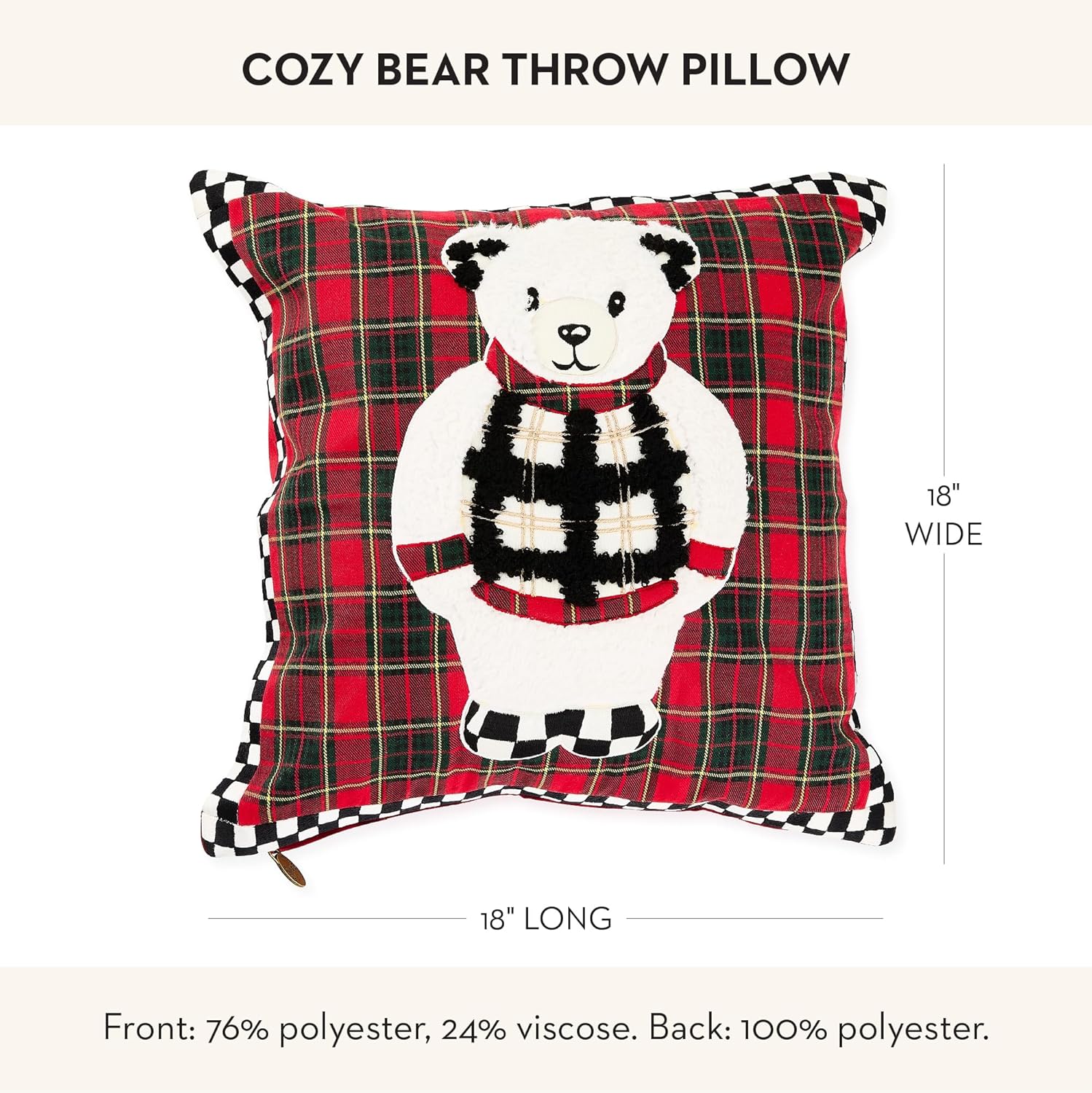 MACKENZIE-CHILDS Throw Pillow, Decorative Polyester Pillow for Christmas Decor, 18x18, Cozy Bear