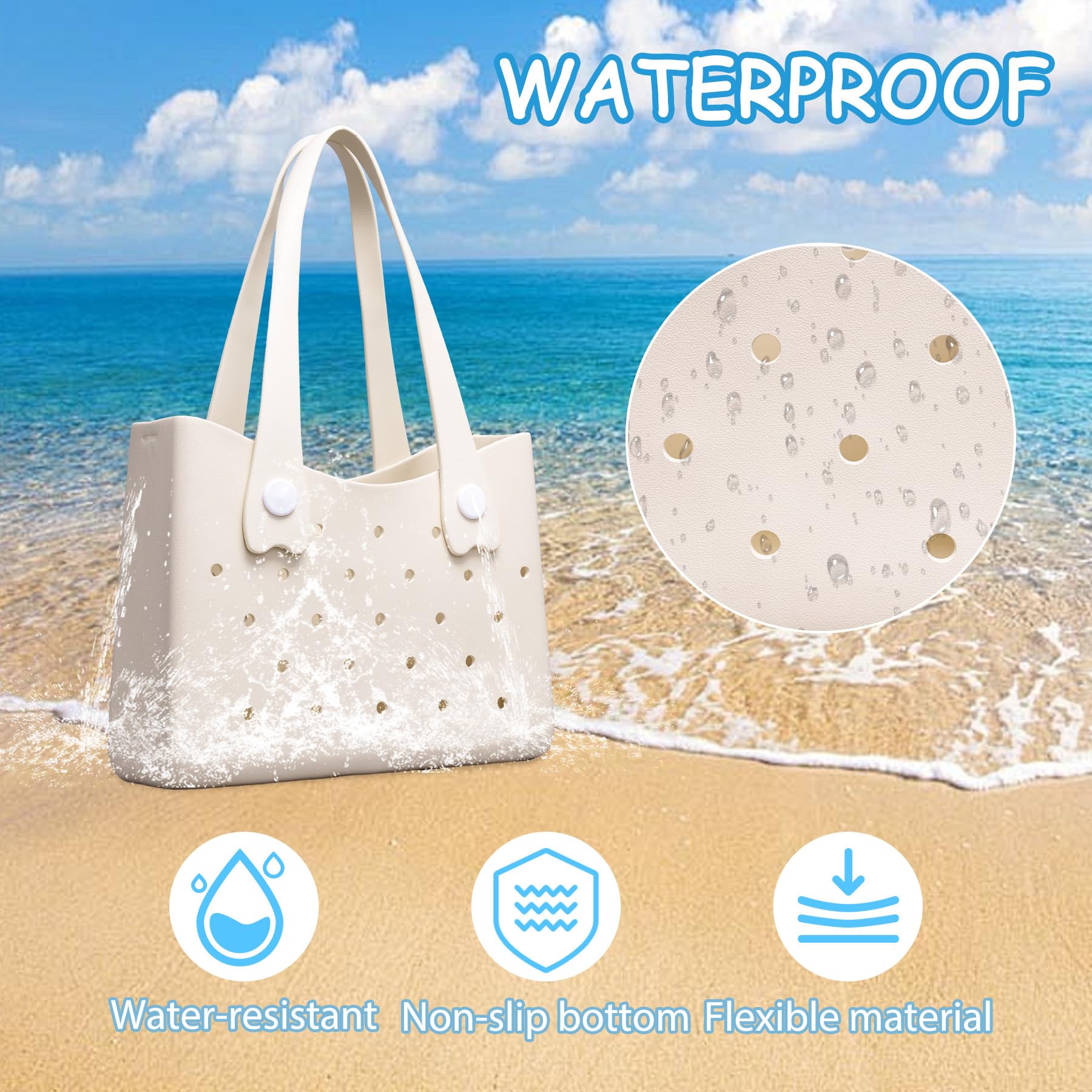 Larcenciel Strandtasche aus Gummi, wasserdichte Damen Tote Bag mit Perforiertem Design und Schultergurt, Beige Handtasche für Sommer, Reise, Pool, Boot, Arbeit, Sport, 35x27x11 cm
