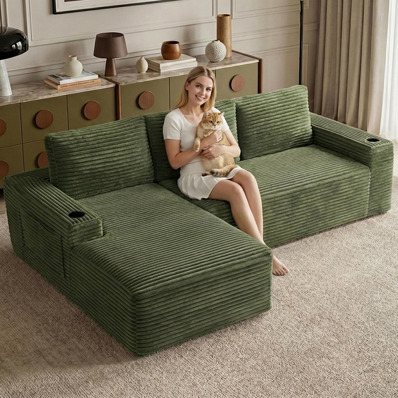 104.3" Modular Sectional Sofa,Modern Corduroy Cloud Couch with Cup Holder &amp; Side Pockets,Boneless Couch Upholstered 3-Seater L-Shaped Sofa for Living Room,No Assembly (Green, Left-Facing Chaise)