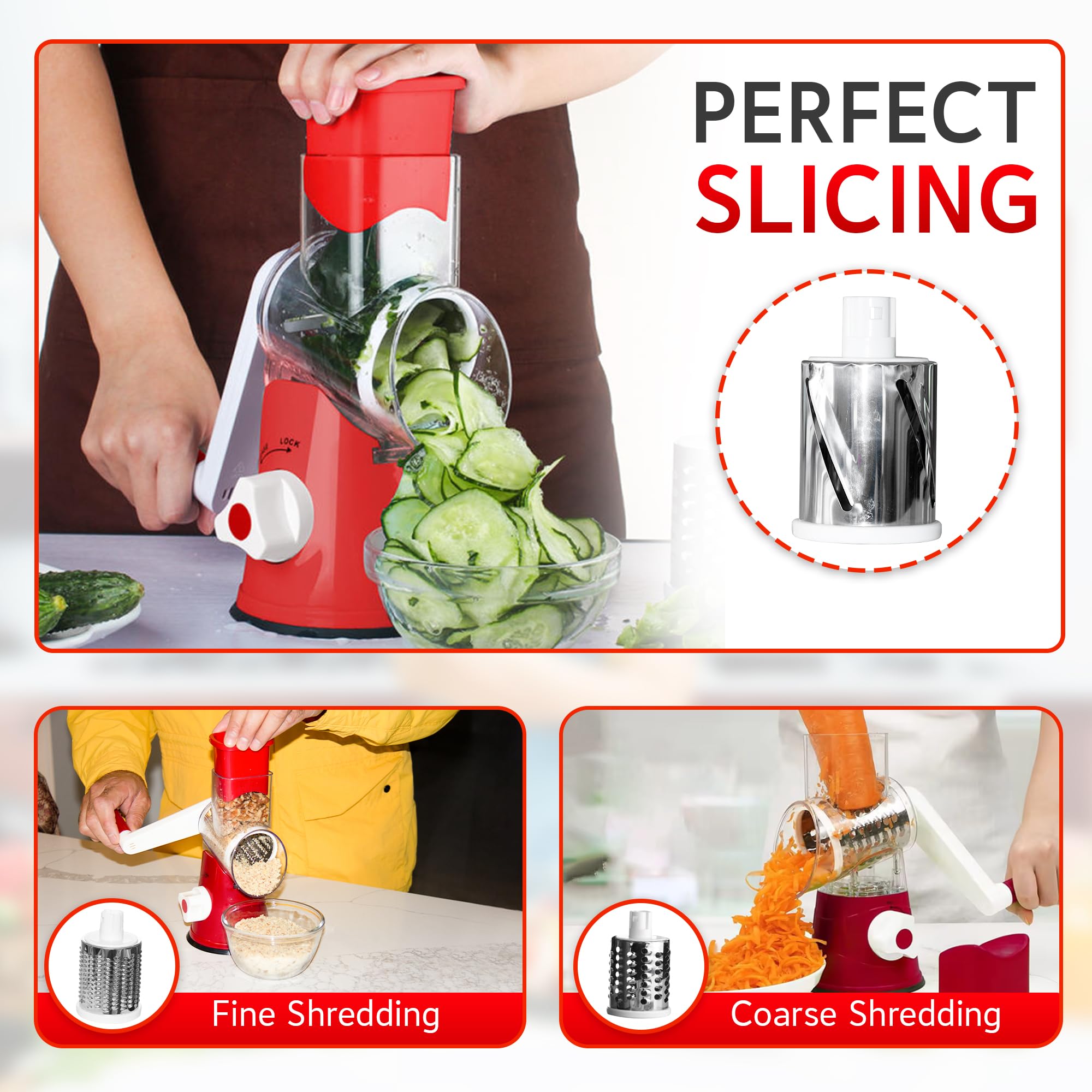 Rallador de queso para triturar queso | Rallador de queso con manivela de mano con 3 cuchillas intercambiables | Rallador de alimentos para frutas, verduras y nueces | Gadget esencial de 4